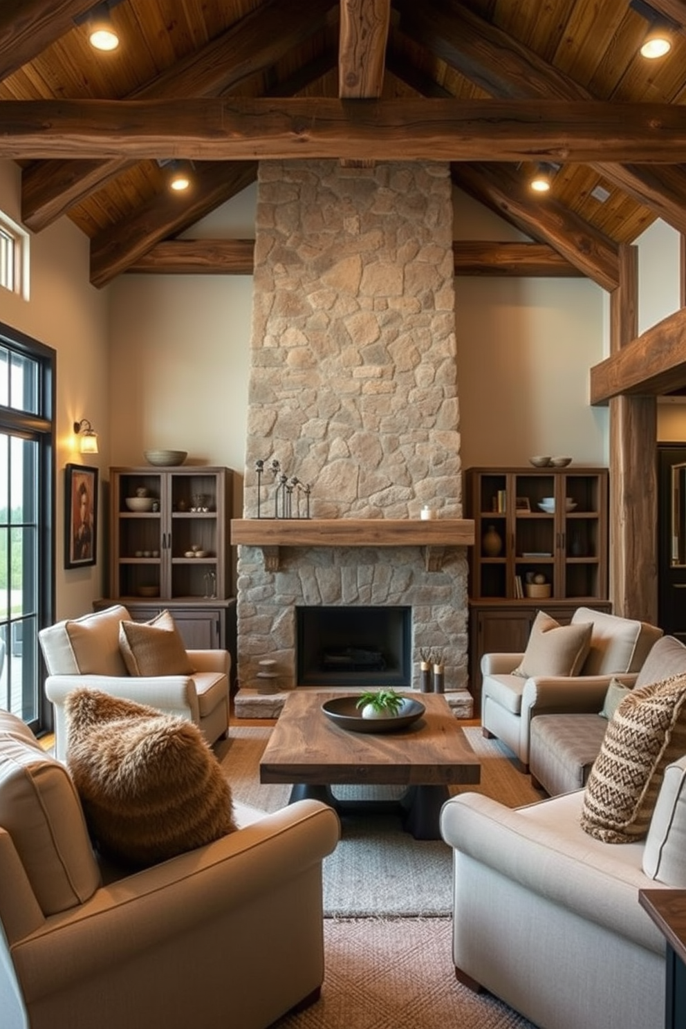 Cozy nook with oversized armchairs. Soft, warm lighting creates an inviting atmosphere, complemented by plush throw pillows in earth tones. Rustic family room design ideas. Exposed wooden beams adorn the ceiling, while a stone fireplace serves as the focal point, surrounded by comfortable seating and a handmade coffee table.