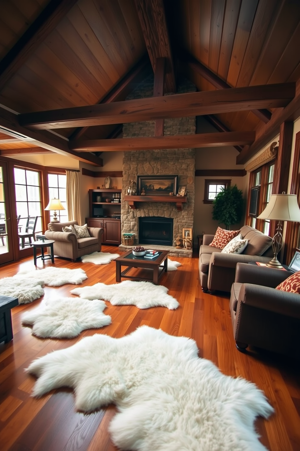 A cozy family room featuring sheepskin rugs layered over a hardwood floor to enhance comfort and warmth. The space is adorned with rustic wooden beams, a large stone fireplace, and comfortable seating arranged for family gatherings.