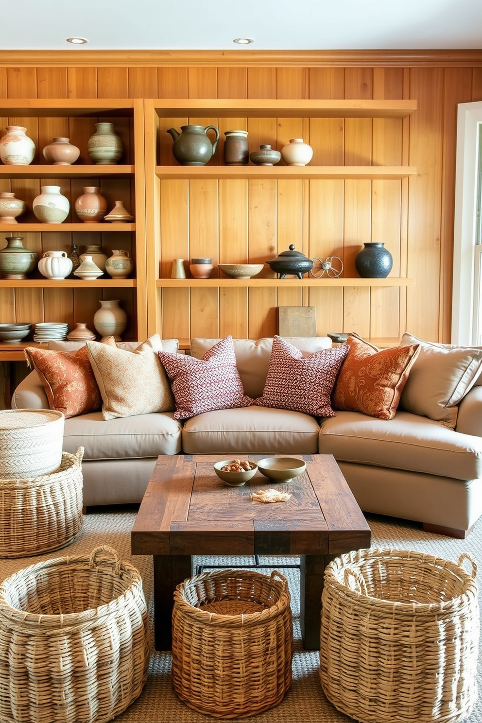 Textured throw pillows in various shades of earth tones are scattered across a large, inviting sectional sofa. A reclaimed wood coffee table sits at the center, surrounded by cozy armchairs that invite relaxation and conversation. The walls are adorned with warm-toned wood paneling, creating a rustic yet modern atmosphere. A large stone fireplace serves as the focal point, with a mantel decorated with family photos and cherished mementos.