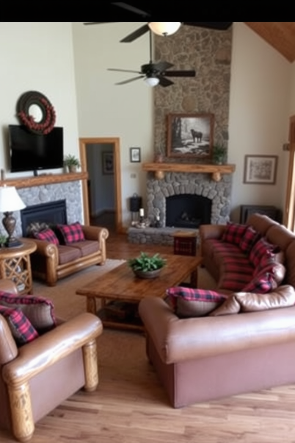 A cozy family room features reclaimed wood beams spanning the ceiling, adding warmth and character to the space. The room is adorned with a large sectional sofa in earthy tones, complemented by a textured area rug that anchors the seating area. A stone fireplace serves as the focal point, surrounded by built-in shelves filled with books and decorative items. Soft lighting from vintage-style fixtures creates an inviting ambiance, perfect for family gatherings and relaxation.