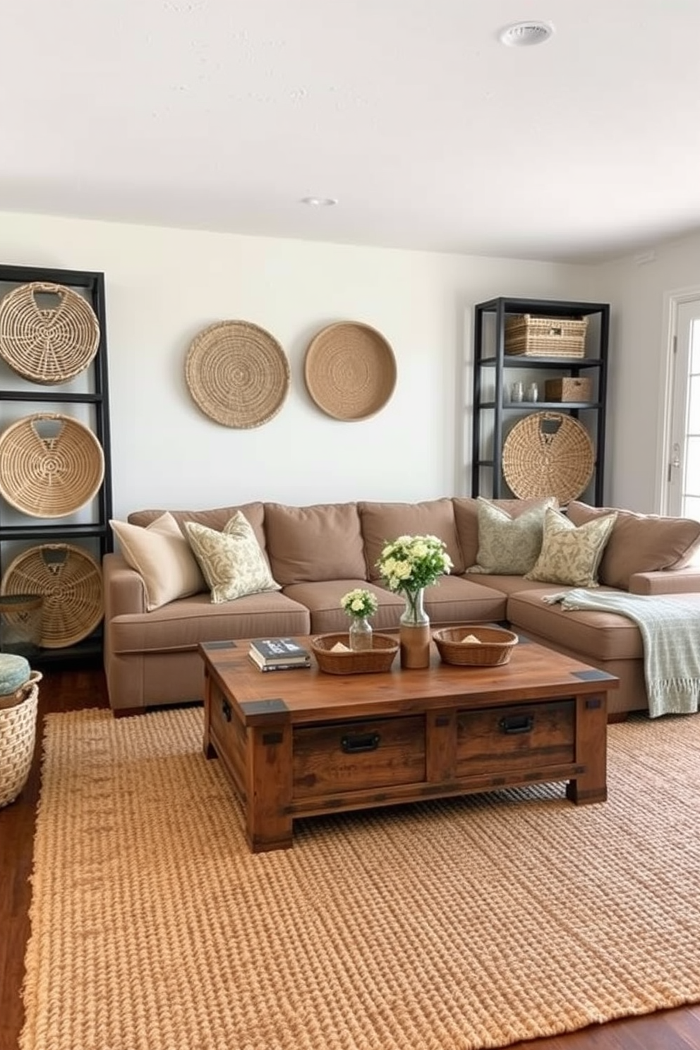 A rustic family room features natural fiber baskets artfully arranged for storage solutions. The room is adorned with a cozy sectional sofa, a reclaimed wood coffee table, and a textured area rug that enhances the warm atmosphere.