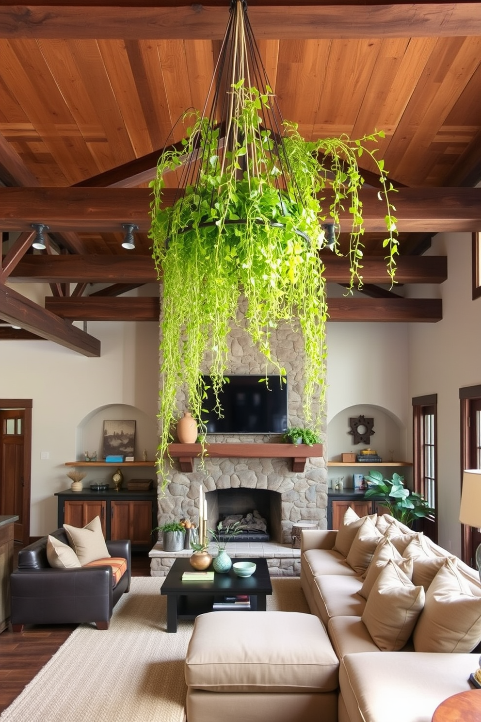 Hanging plants drape gracefully from the ceiling, adding a vibrant touch of greenery to the rustic family room. The room features exposed wooden beams, a cozy stone fireplace, and a large sectional sofa adorned with earthy-toned cushions.