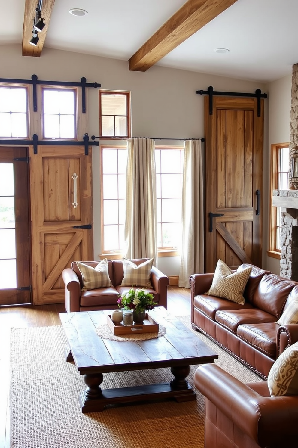 Weathered barn doors serve as charming room dividers in a rustic family room. The space features a cozy seating area with a large leather sofa, a reclaimed wood coffee table, and a stone fireplace that adds warmth and character. Natural light floods the room through large windows adorned with simple linen curtains. Earthy tones dominate the color palette, complemented by textured throw pillows and a woven area rug that enhances the inviting atmosphere.