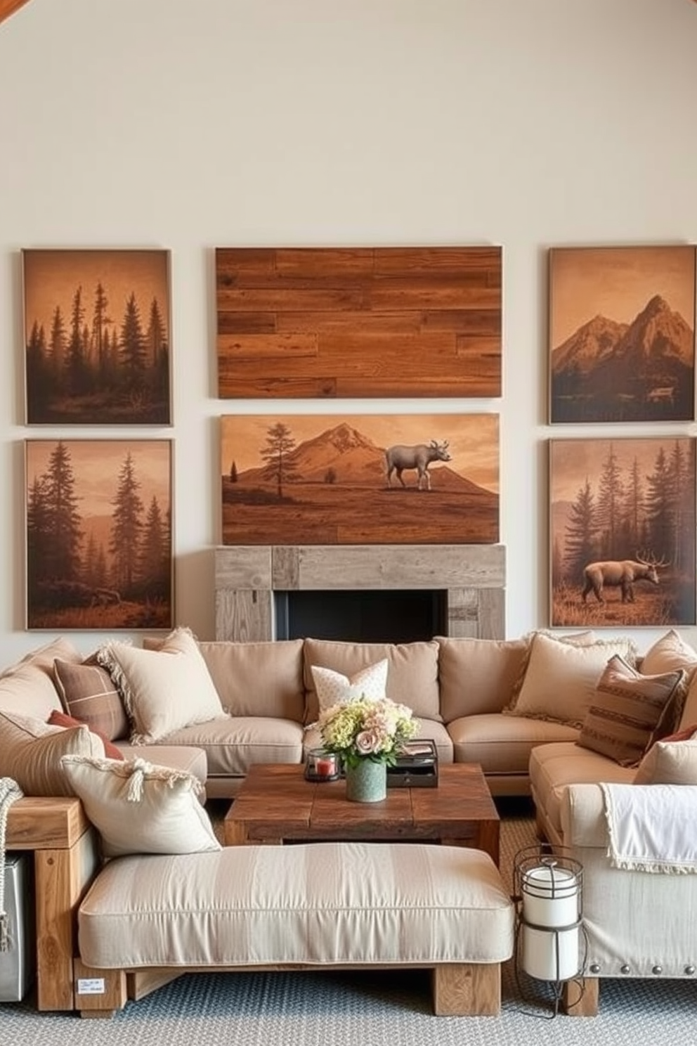 Rustic wall art featuring nature themes. The artwork includes images of forests mountains and wildlife in warm earthy tones. Rustic family room design ideas. The space is filled with comfortable furniture made of reclaimed wood and soft textiles in neutral colors.