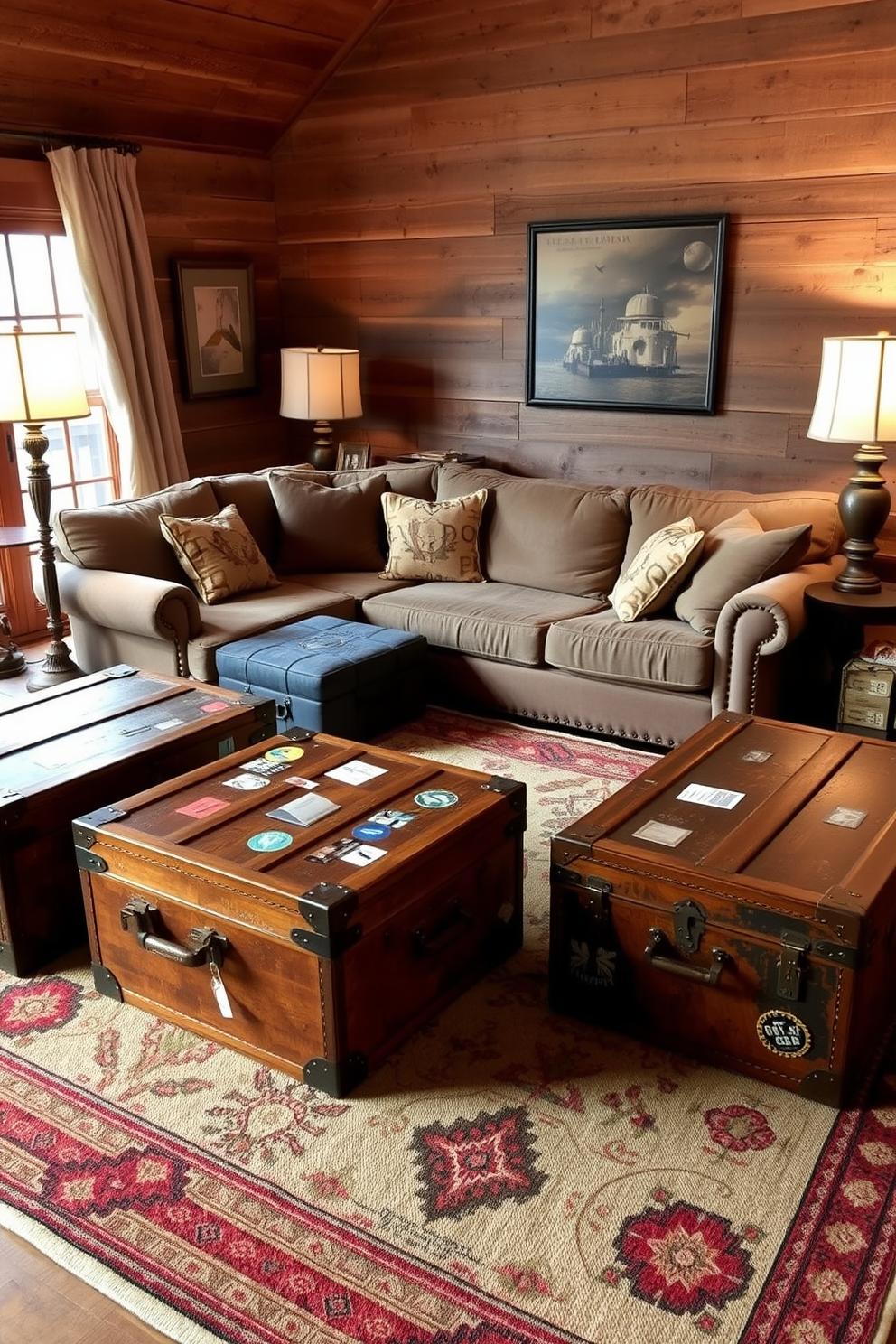 A cozy family room featuring vintage trunks as coffee tables. The trunks are weathered and adorned with travel stickers, surrounded by a comfortable sectional sofa upholstered in earthy tones. The walls are lined with reclaimed wood, giving the space a warm and inviting atmosphere. A large area rug with a tribal pattern anchors the seating area, and soft lighting from floor lamps creates a relaxed ambiance.