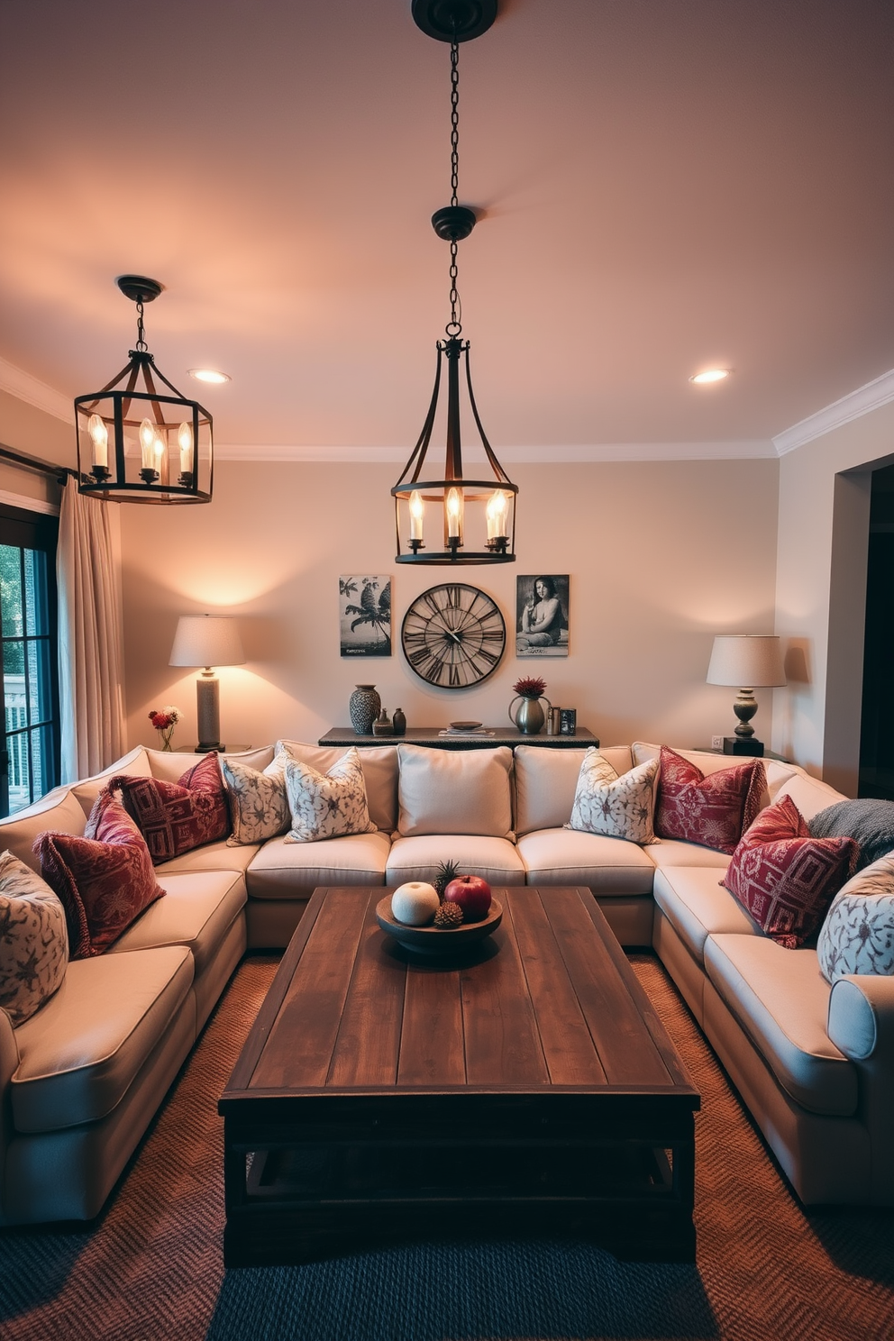 A cozy family room featuring soft lighting that creates a warm ambiance. Rustic chandeliers hang from the ceiling, illuminating the space with a gentle glow. The room includes a large, comfortable sectional sofa adorned with plush throw pillows. A reclaimed wood coffee table sits in the center, surrounded by vintage-inspired decor and warm textiles.