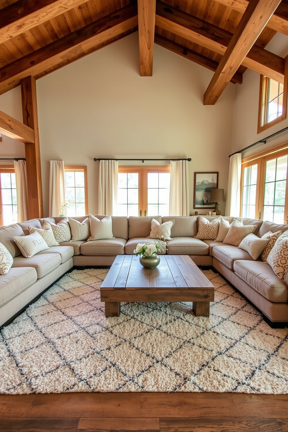 Textured cushions in various shades of beige and cream are scattered across a large, plush sectional sofa. A reclaimed wood coffee table sits at the center, surrounded by a cozy area rug that adds warmth to the rustic family room. The walls feature exposed wooden beams, enhancing the room's charm and character. Large windows allow natural light to flood the space, complemented by soft, sheer curtains that gently frame the view.