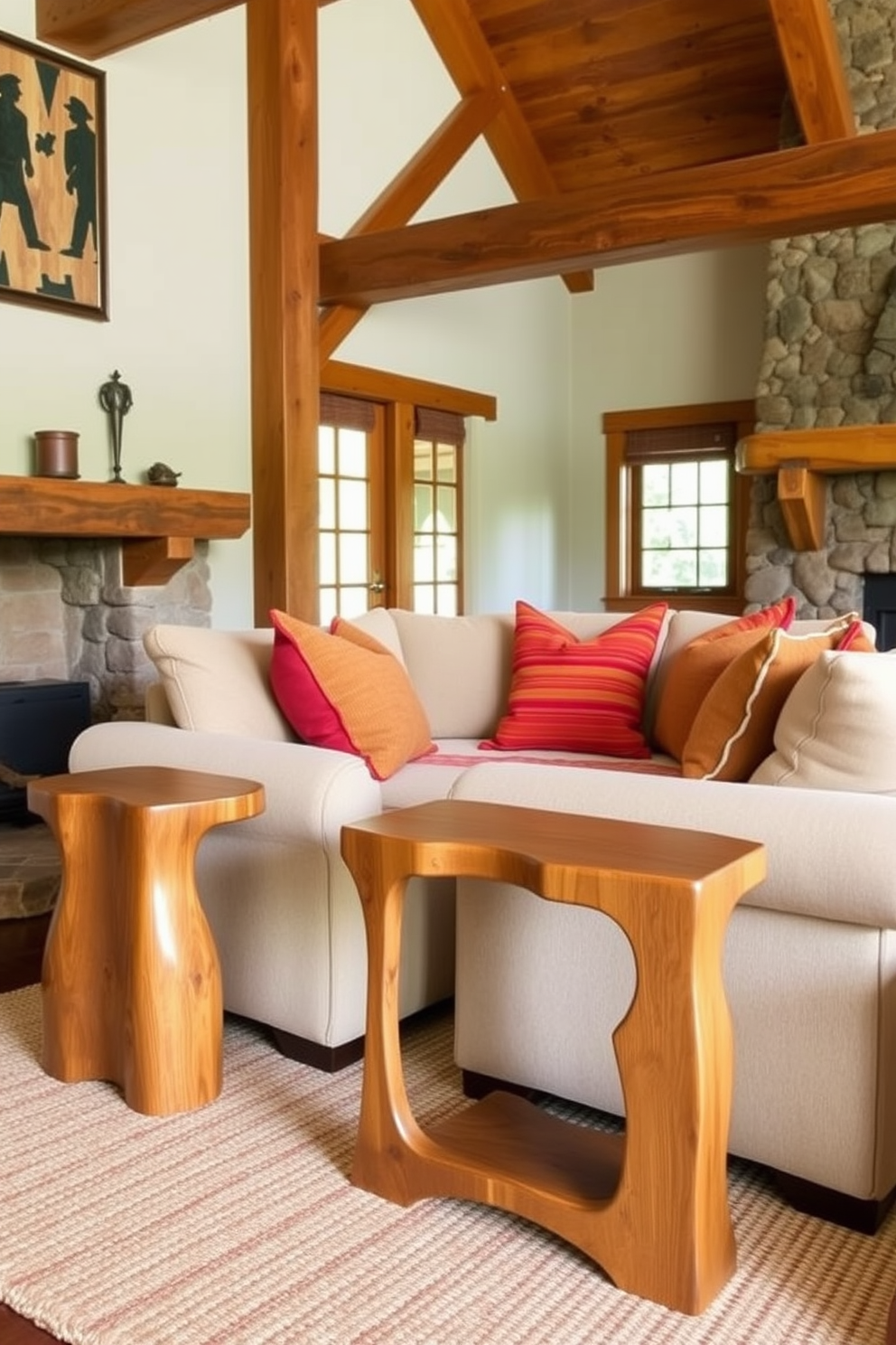 Wooden side tables with unique shapes are strategically placed next to a plush sectional sofa in a cozy family room. The room features exposed wooden beams and a stone fireplace, creating a warm and inviting atmosphere. Vibrant throw pillows in earthy tones add a pop of color to the seating area. A woven area rug anchors the space, complementing the rustic charm of the wooden furniture.