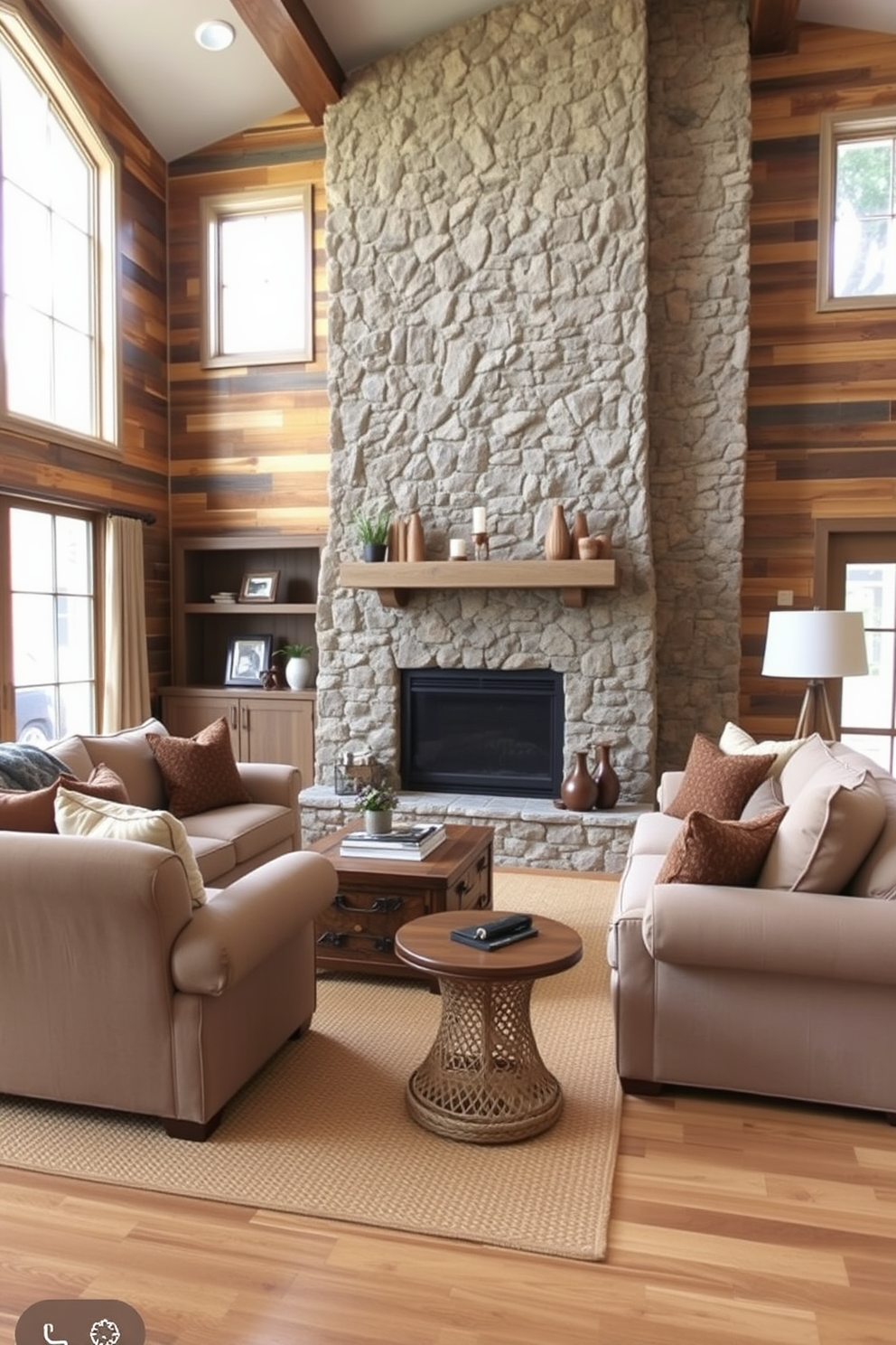 A cozy family room featuring warm earth tones on the walls creates a welcoming atmosphere. The space includes a large, comfortable sectional sofa adorned with textured throw pillows and a rustic wooden coffee table at the center. A stone fireplace serves as the focal point, surrounded by built-in bookshelves filled with family photos and decorative items. Natural light pours in through large windows dressed with soft linen curtains, enhancing the room's inviting ambiance.