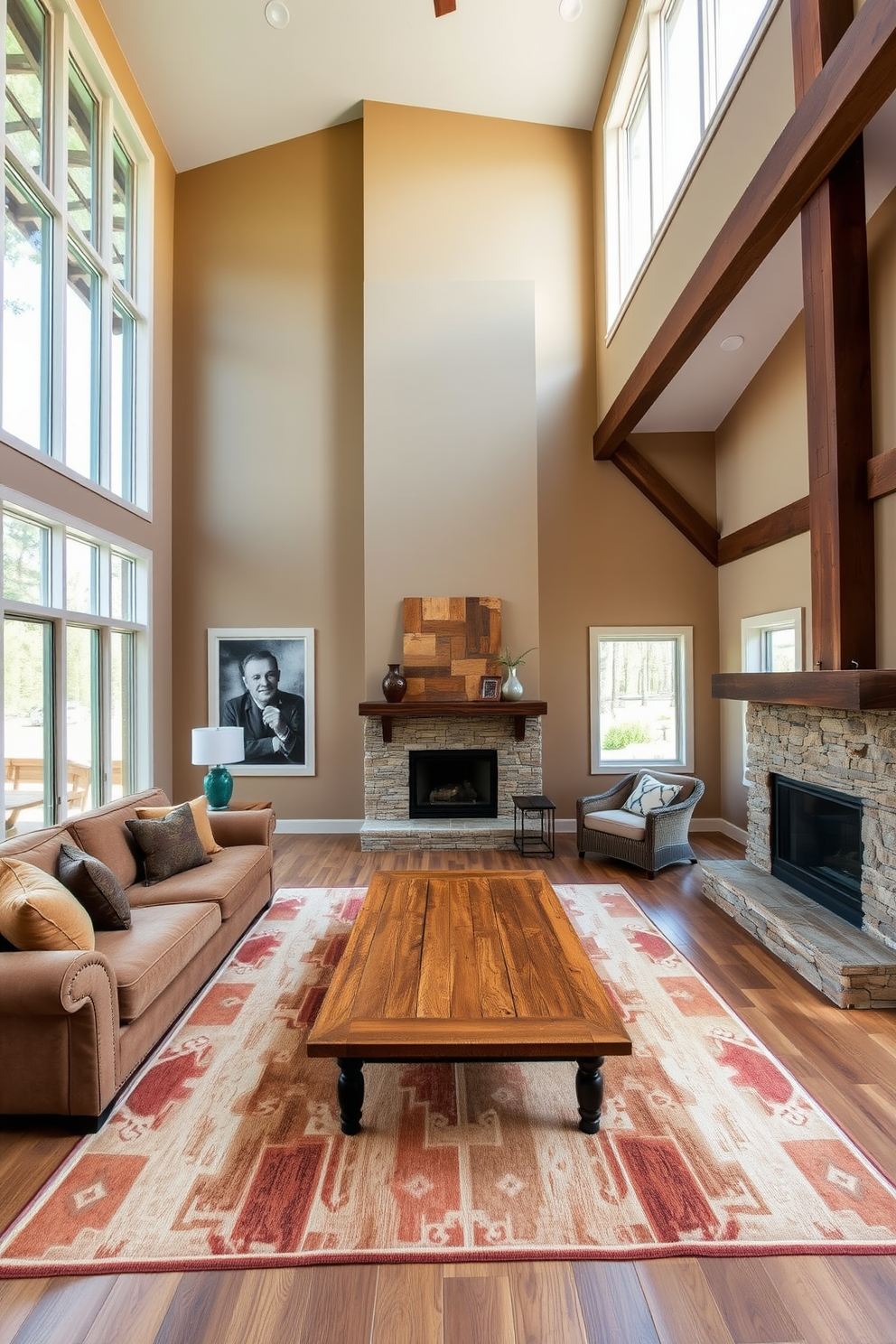 Open floor plan with high ceilings and large windows allowing natural light to flood the space. The family room features a cozy fireplace made of reclaimed wood and a comfortable sectional sofa adorned with earthy tones. Rustic design elements include exposed wooden beams and a reclaimed wood coffee table. A large area rug with a warm color palette anchors the seating area, creating an inviting atmosphere for family gatherings.