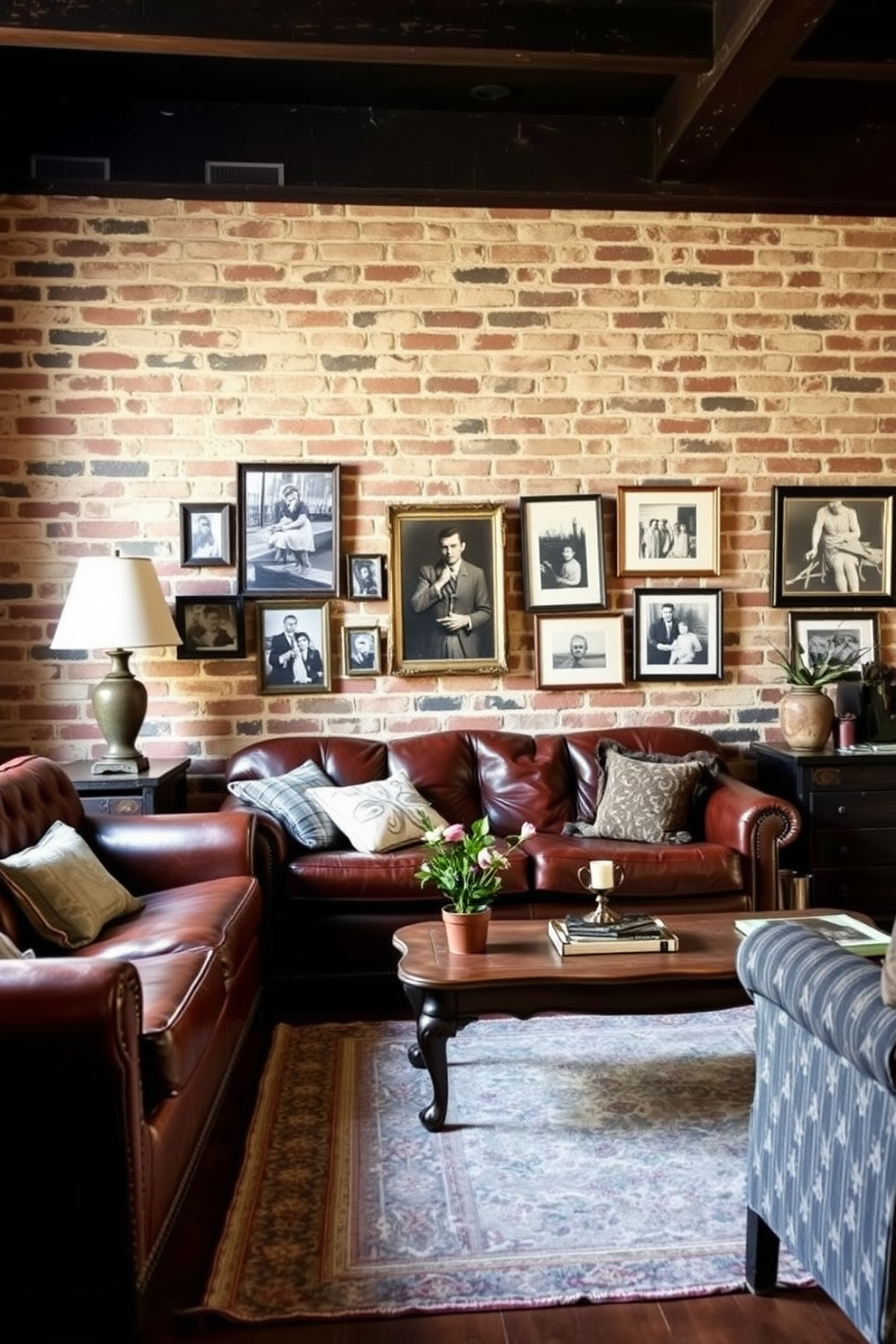 A cozy family room featuring an exposed brick wall that adds warmth and character to the space. Vintage decor elements such as a distressed leather sofa, an antique coffee table, and an assortment of framed black and white photographs create a charming atmosphere.