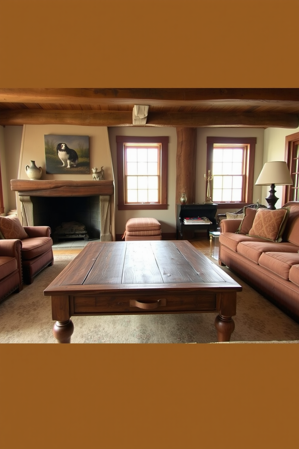 Antique coffee table with distressed finish. The room features warm wooden beams and a cozy fireplace, complemented by plush seating in earthy tones.