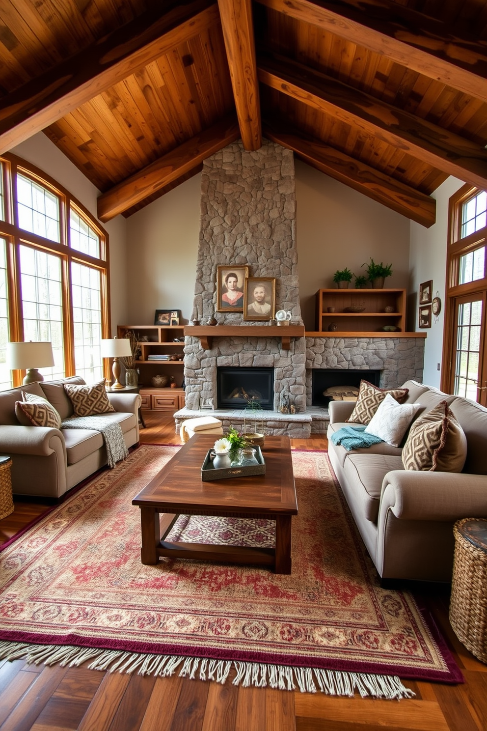 A rustic family room filled with antique decor pieces that add character and charm. The room features a large, weathered wooden coffee table surrounded by plush, vintage armchairs and a cozy sofa adorned with patterned throw pillows. On the walls, framed black and white photographs and rustic artwork create a warm atmosphere. A large stone fireplace serves as the focal point, with a mantel decorated with antique clocks and decorative vases.