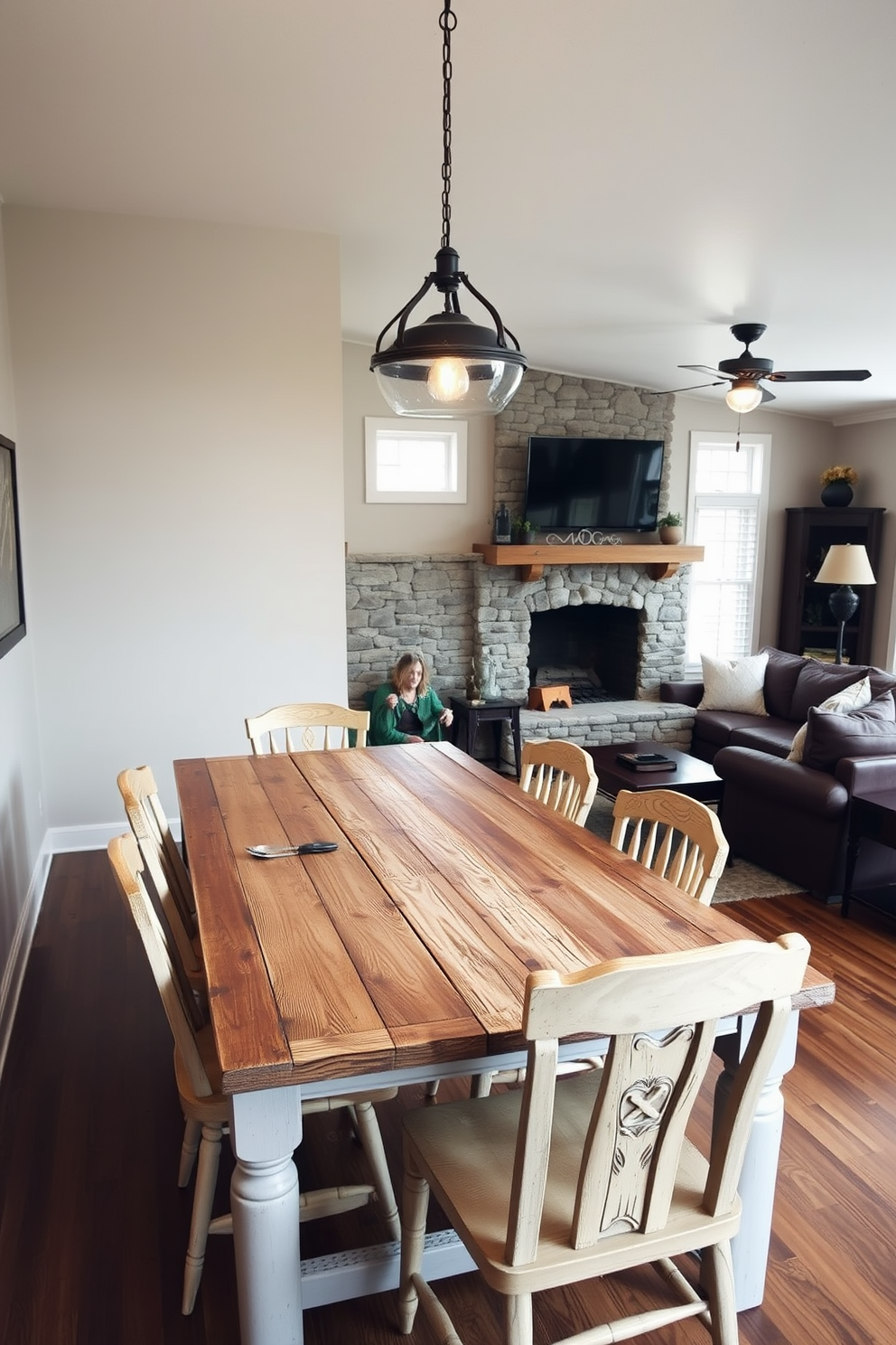 A cozy family room featuring natural fiber rugs that add warmth and texture to the space. The room is adorned with a large sectional sofa in earthy tones, complemented by wooden coffee tables and a stone fireplace as the focal point. Large windows allow natural light to flood the room, highlighting the soft textures of the rugs. Decorative throw pillows in muted colors and a few family photos on the walls create an inviting atmosphere.