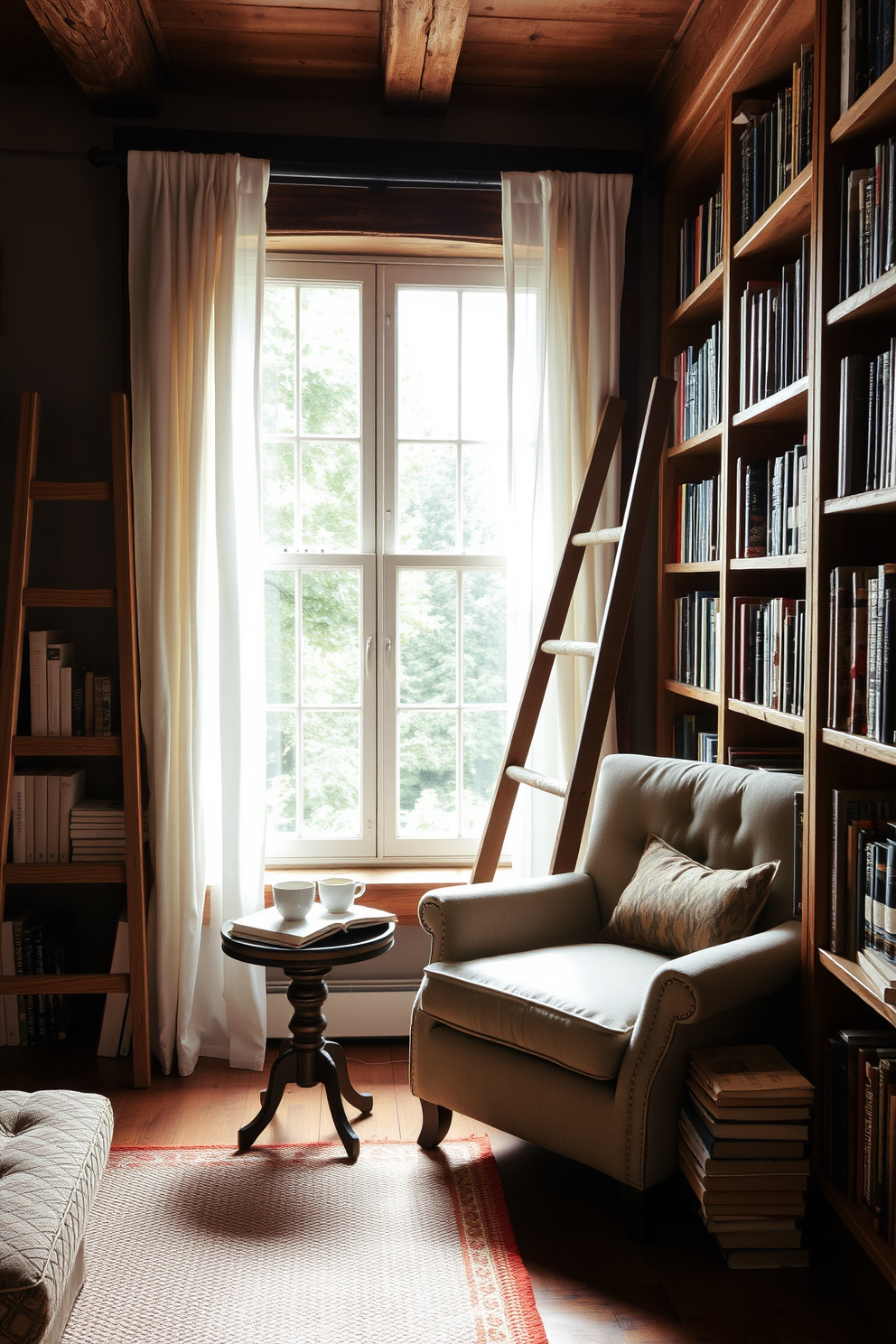 A cozy reading nook by the window features a plush armchair upholstered in soft fabric with a warm throw blanket draped over the side. Natural light pours in through sheer curtains, illuminating a small side table that holds a stack of books and a steaming cup of tea. The rustic home library is adorned with wooden bookshelves filled with a mix of classic novels and modern reads. A vintage ladder leans against the shelves, and a comfortable rug lies beneath a sturdy wooden desk, creating an inviting atmosphere for reading and reflection.