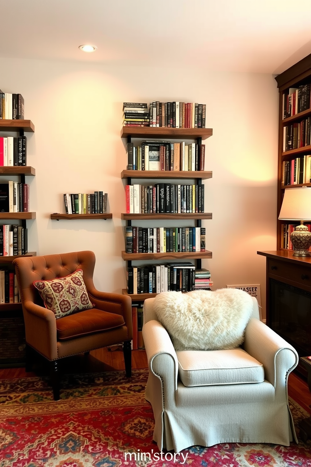 A cozy rustic home library featuring wall-mounted book displays made of reclaimed wood. The space is adorned with warm lighting, a plush armchair, and a vintage rug that adds character to the room.