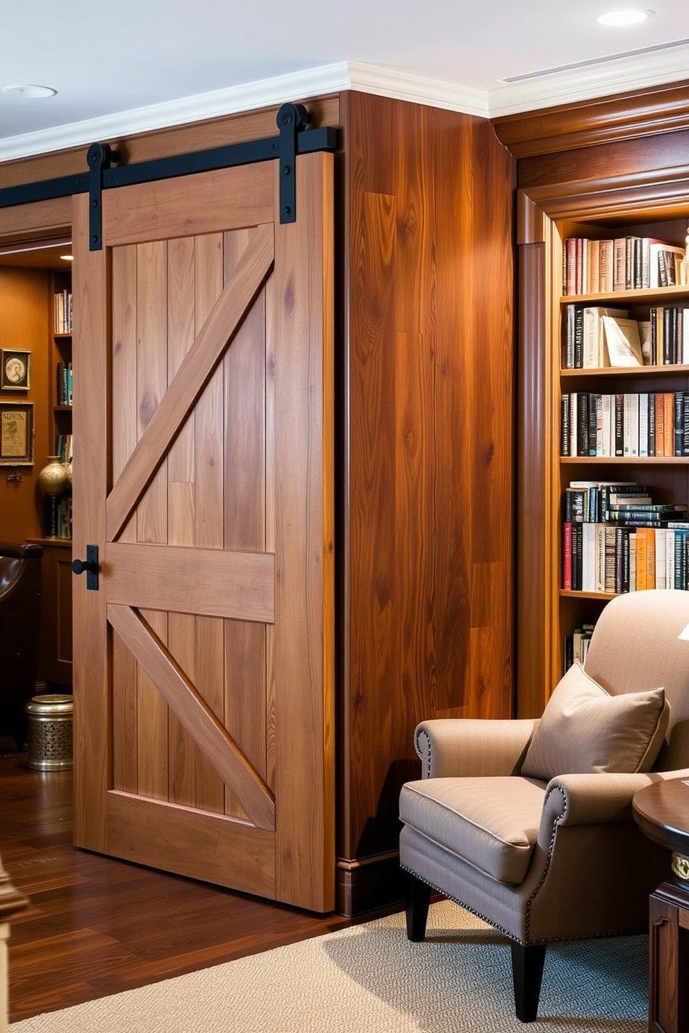 A cozy home library filled with natural light. Large windows framed with wooden shutters allow sunlight to flood the space, highlighting the rich textures of the rustic decor. The room features a mix of reclaimed wood bookshelves and a comfortable leather armchair. A warm area rug anchors the seating area, creating an inviting atmosphere for reading and relaxation.