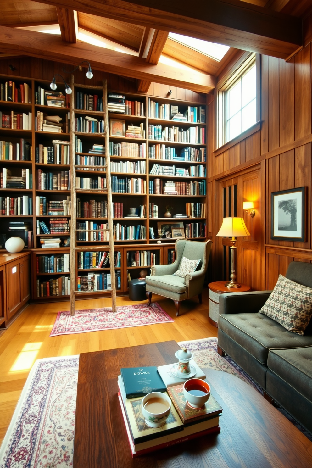 A cozy home library that blends modern and rustic elements. Exposed wooden beams frame the ceiling while sleek metal shelving units display a collection of books. A large, comfortable leather armchair sits in the corner next to a reclaimed wood side table. The walls are adorned with a mix of contemporary art and vintage photographs, creating an inviting atmosphere.