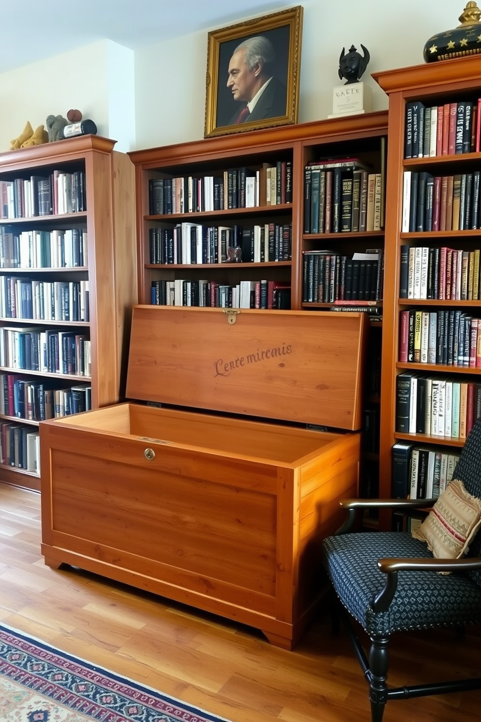 A cozy rustic home library features a large cedar chest positioned against a wall, providing ample extra storage for books and blankets. Surrounding the chest are wooden bookshelves filled with a mix of classic literature and decorative items, creating an inviting reading nook.