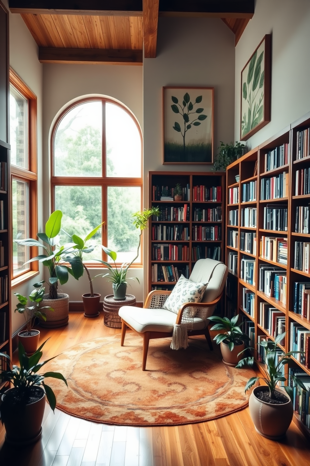 Nature inspired artwork adorns the walls of a cozy home library. The space features wooden bookshelves filled with books, a comfortable reading chair, and a warm rug on the floor. Large windows allow natural light to flood the room, creating a serene atmosphere. Potted plants are placed strategically around the library, enhancing the connection to nature.