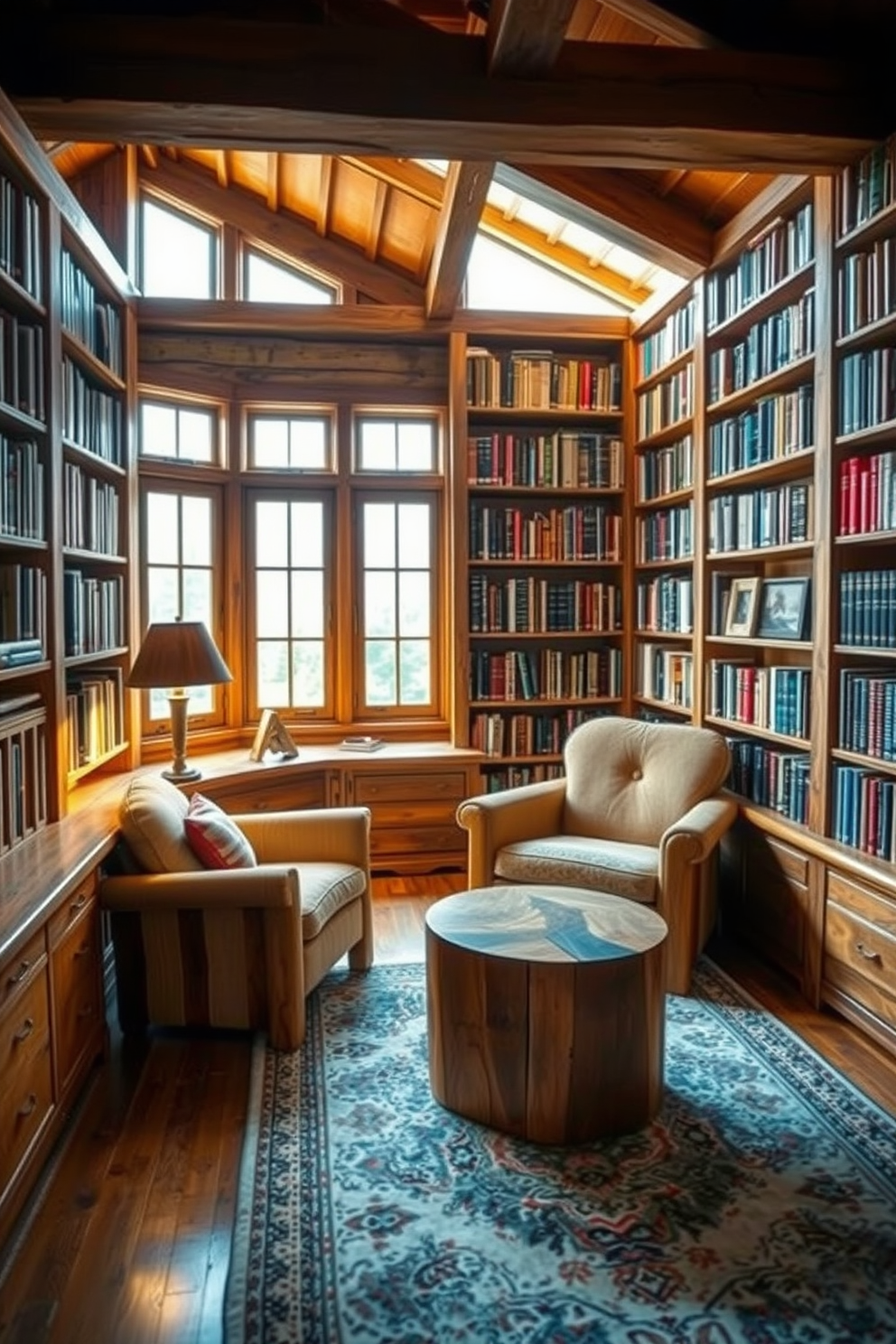 Handcrafted wooden furniture pieces create a warm and inviting atmosphere in a rustic home library. The shelves are filled with an array of books, and a cozy reading nook features a plush armchair and a small side table made from reclaimed wood. Soft lighting illuminates the space, highlighting the natural grain of the wood and the rich textures of the upholstery. A vintage rug adds comfort underfoot, while large windows allow natural light to flood in, enhancing the overall charm of the library.