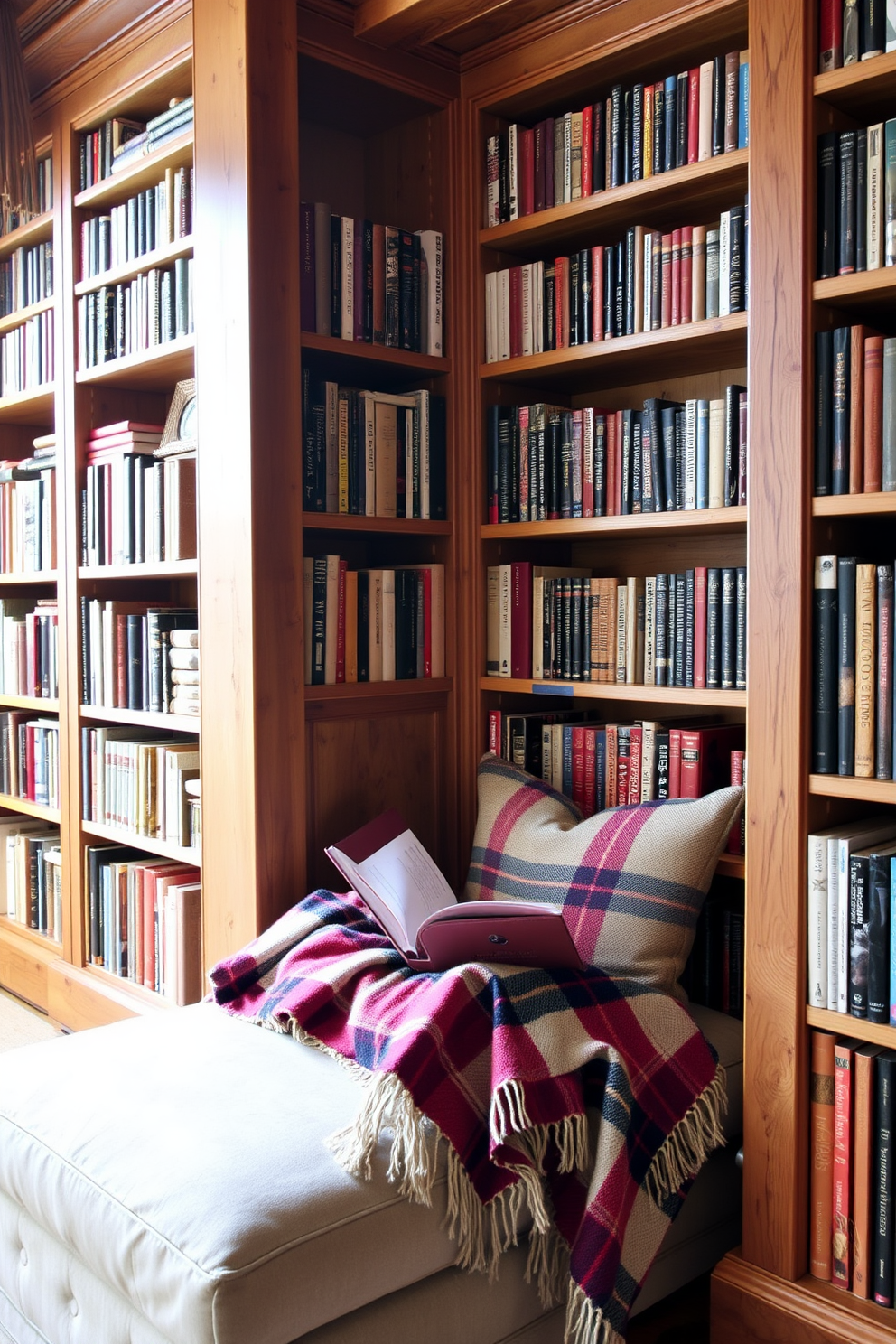 A rustic home library featuring warm wooden shelves filled with books. A comfortable reading nook is adorned with soft plaid throws, inviting relaxation and comfort.