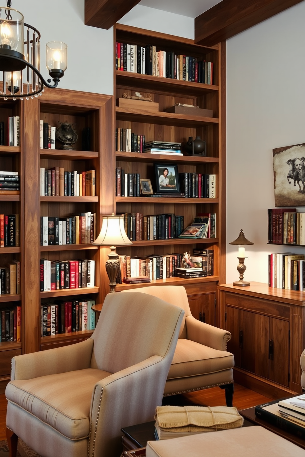 A cozy home library featuring built-in shelves that showcase an array of books and decorative items. The shelves are made of reclaimed wood, adding a warm and rustic charm to the space. Plush armchairs are positioned nearby, inviting readers to settle in with a good book. Soft, ambient lighting from vintage-style lamps enhances the inviting atmosphere of the library.