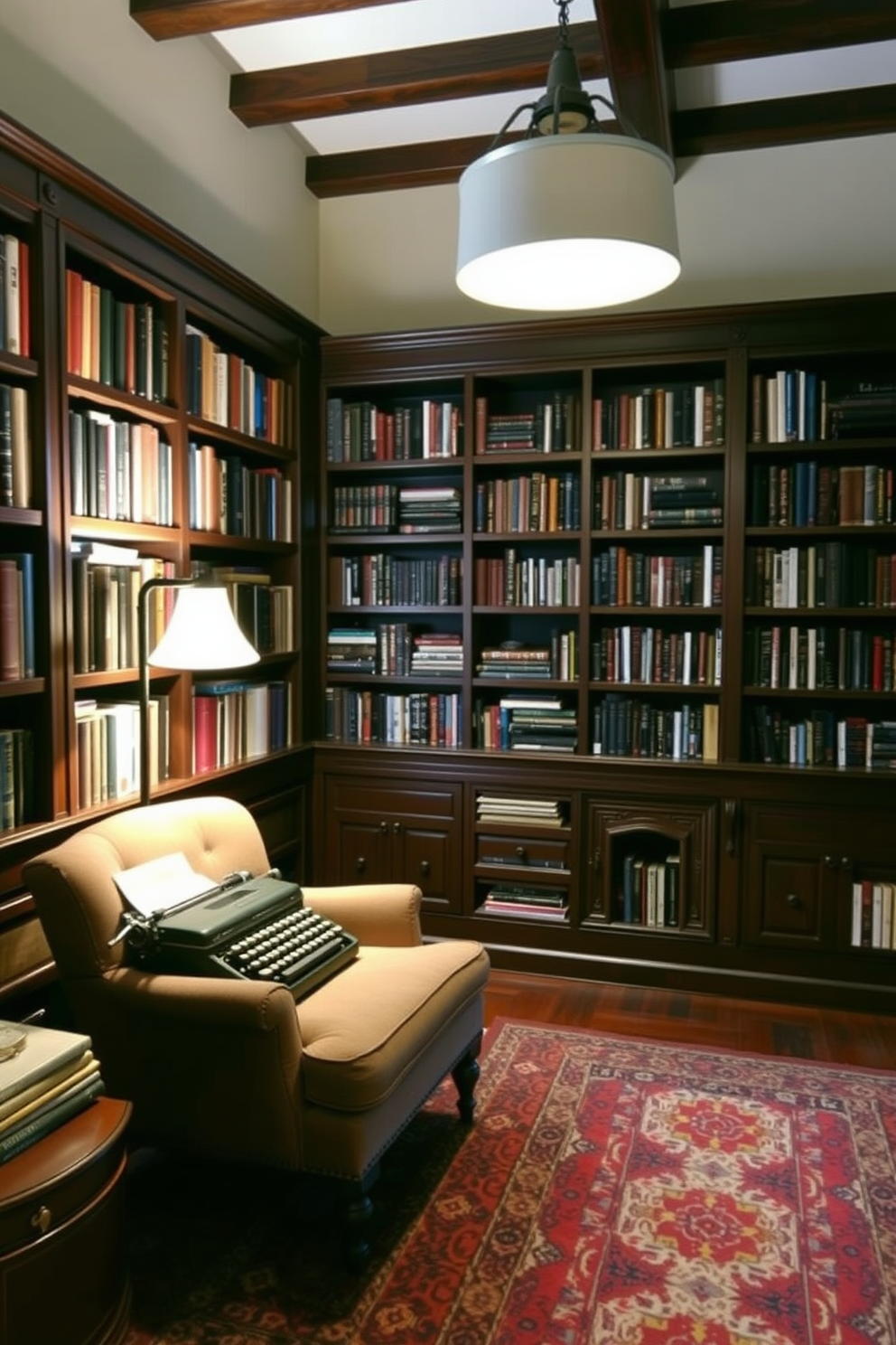 A cozy home library featuring a vintage typewriter as a decor piece. The walls are lined with dark wood bookshelves filled with an array of books, and a plush armchair sits invitingly in the corner. Soft lighting from a stylish floor lamp casts a warm glow over the reading nook. A rich, patterned rug lays beneath the armchair, adding texture and warmth to the rustic ambiance.