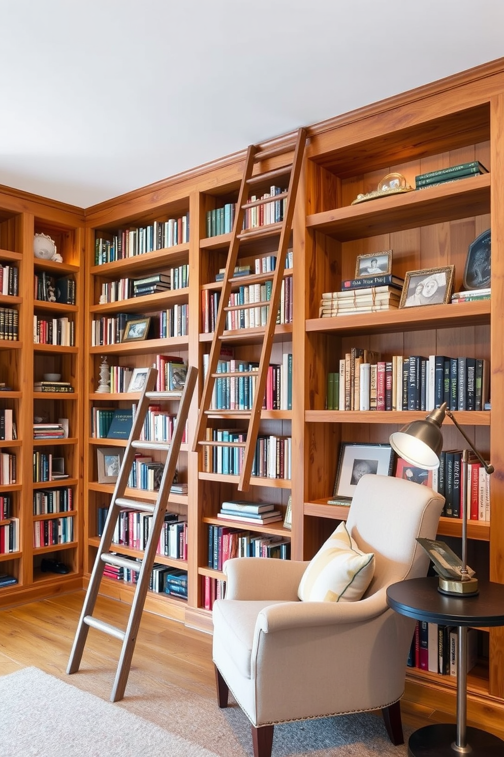 A cozy home library featuring reclaimed wood bookshelves that stretch from floor to ceiling. A stylish ladder leans against the shelves, providing access to a curated collection of books and decorative items. The warm tones of the reclaimed wood create an inviting atmosphere, complemented by soft lighting from vintage-style lamps. A plush reading chair sits in the corner, inviting relaxation and quiet contemplation.