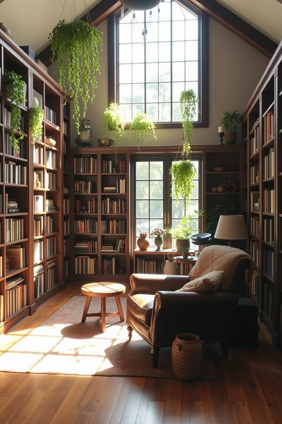 A cozy rustic home library filled with natural light. The walls are lined with dark wooden bookshelves, showcasing an array of books and decorative items. In the corners, there are hanging plants cascading down, adding a fresh touch to the space. A comfortable leather armchair sits in the center, accompanied by a small wooden side table and a warm throw blanket.