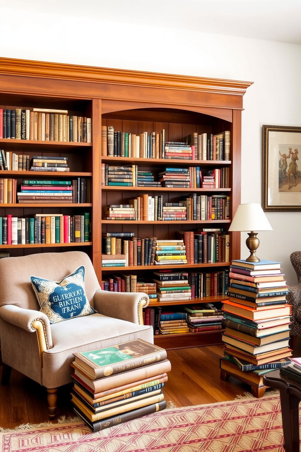 A cozy home library featuring old books stacked as unique side tables. The warm wooden shelves are lined with various vintage books, and a plush armchair invites you to sit and read.