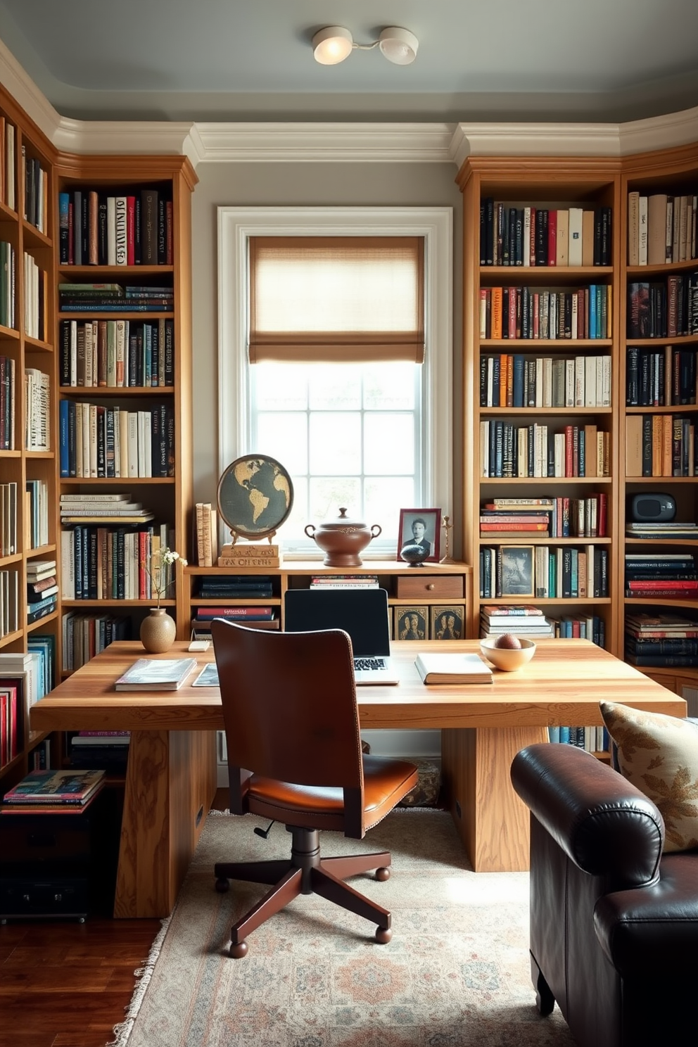 A cozy home library featuring a custom desk made from recycled wood. The desk is complemented by a vintage leather chair, surrounded by floor-to-ceiling bookshelves filled with an array of books and decorative items.