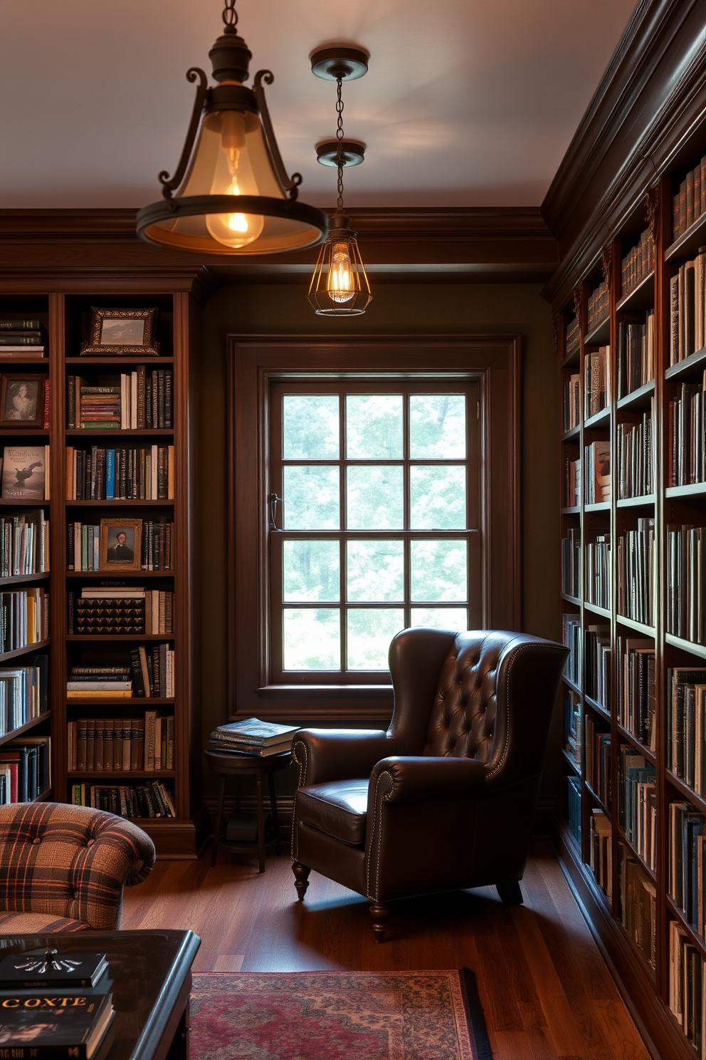 Antique lighting fixtures cast a warm glow throughout the rustic home library. Rich wooden bookshelves line the walls, filled with an array of books and decorative items, while a plush leather armchair invites relaxation in a cozy reading nook.