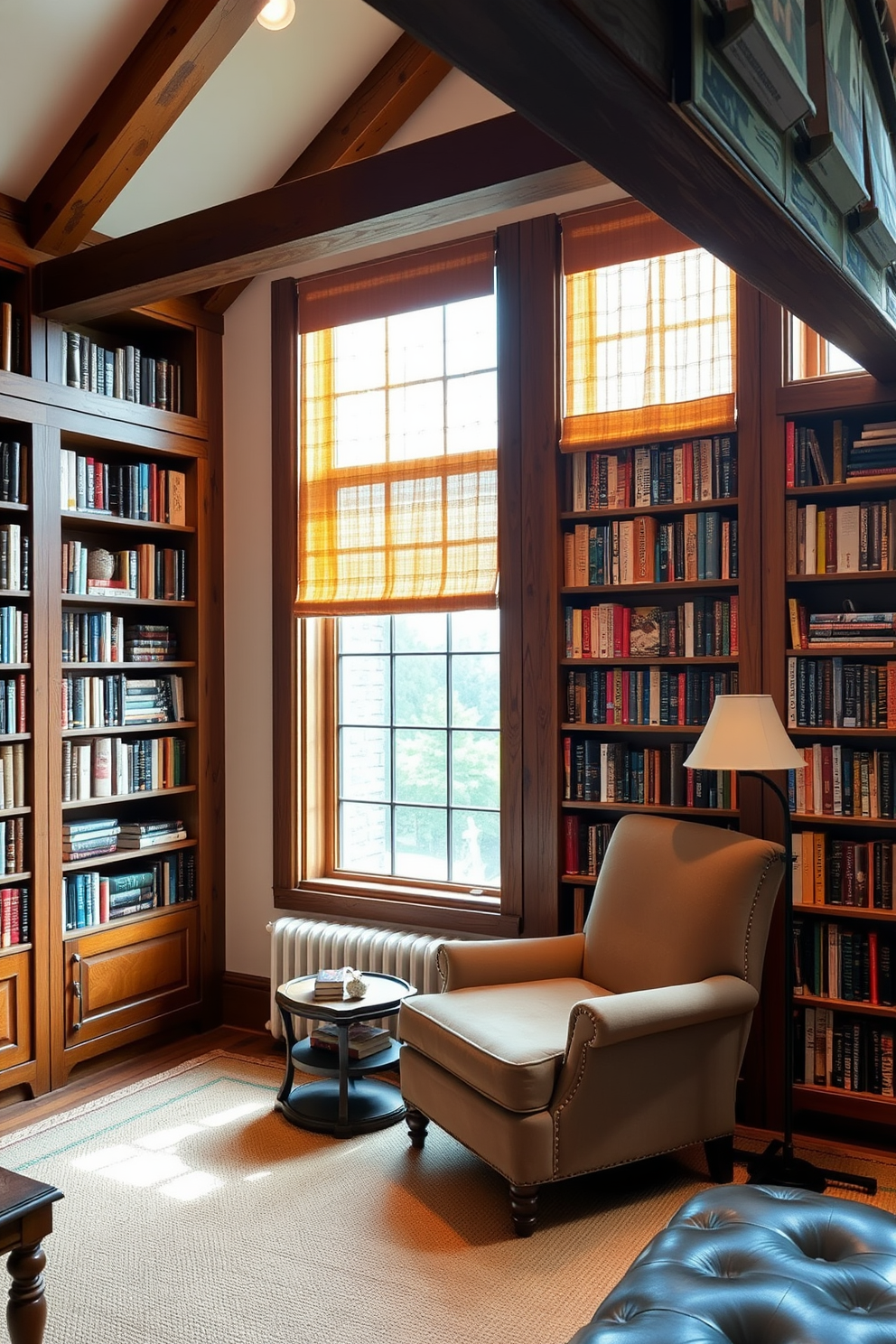 A cozy rustic home library featuring large wooden bookshelves filled with books. The room is adorned with burlap window treatments that softly filter the natural light, creating a warm and inviting atmosphere. A comfortable reading nook is positioned near the window, complete with a plush armchair and a small side table. The earthy tones of the decor are complemented by rustic wooden beams that add character to the space.