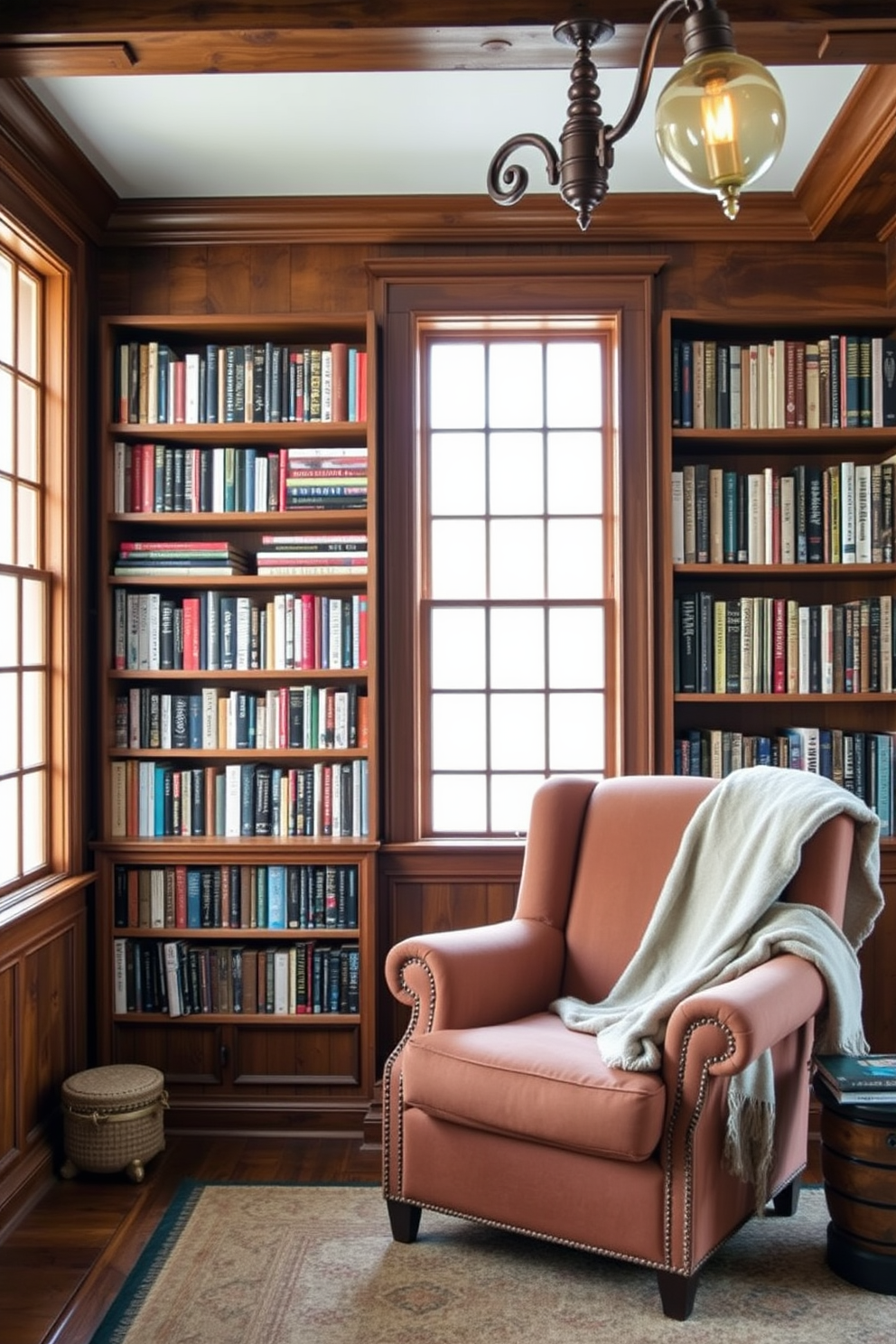 Personalized bookends for character are the focal point of this rustic home library. The shelves are filled with a diverse collection of books, and the warm wooden tones create a cozy atmosphere. A large, inviting armchair sits in the corner, adorned with a soft throw blanket. Vintage lighting fixtures cast a warm glow, enhancing the library's charm and inviting you to settle in with a good book.