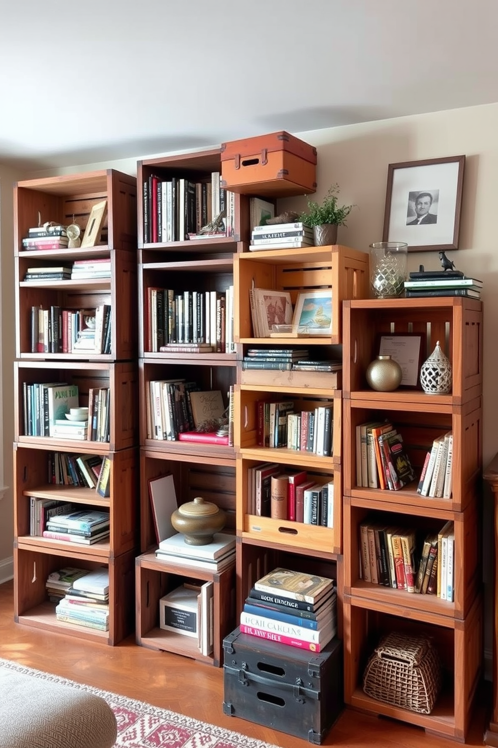 A cozy rustic home library featuring wooden bookshelves that reach the ceiling filled with a variety of books. The space is illuminated by rustic wall sconces that cast a warm ambient light, creating an inviting atmosphere. A large, comfortable leather armchair is positioned near a stone fireplace, providing a perfect reading nook. The walls are adorned with reclaimed wood paneling, enhancing the rustic charm of the library.