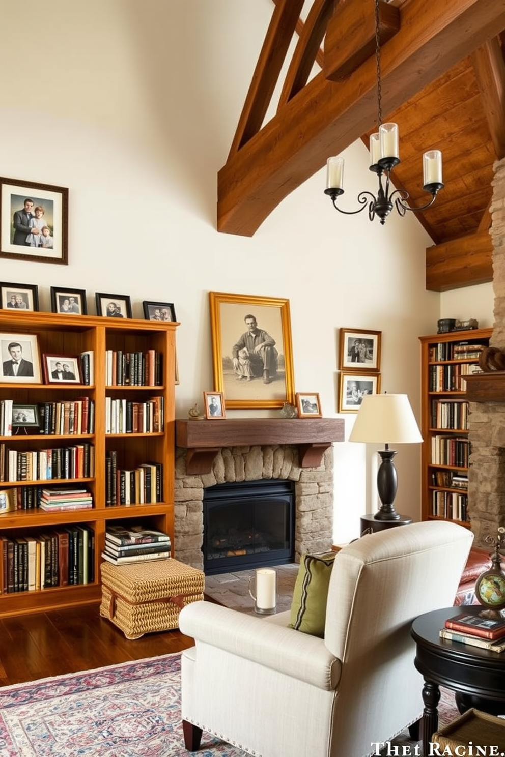 Nostalgic family photos in frames adorn the walls of a cozy home library. The warm wooden bookshelves are filled with an array of books, while a comfortable armchair invites you to sit and read. Rustic home library design ideas feature exposed wooden beams and a stone fireplace as the focal point. Soft, earthy tones in the decor create a welcoming atmosphere, complemented by vintage-style lighting fixtures.