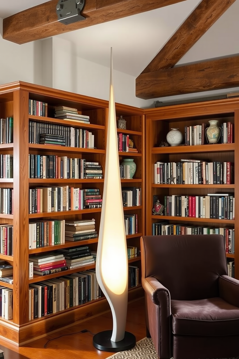 A cozy home library featuring personalized book labels for organization. The wooden bookshelves are filled with an eclectic collection of books, each adorned with unique labels that reflect the owner's personality. Soft, warm lighting illuminates the space, creating an inviting atmosphere. A plush reading chair sits in the corner, accompanied by a small side table holding a steaming cup of tea.