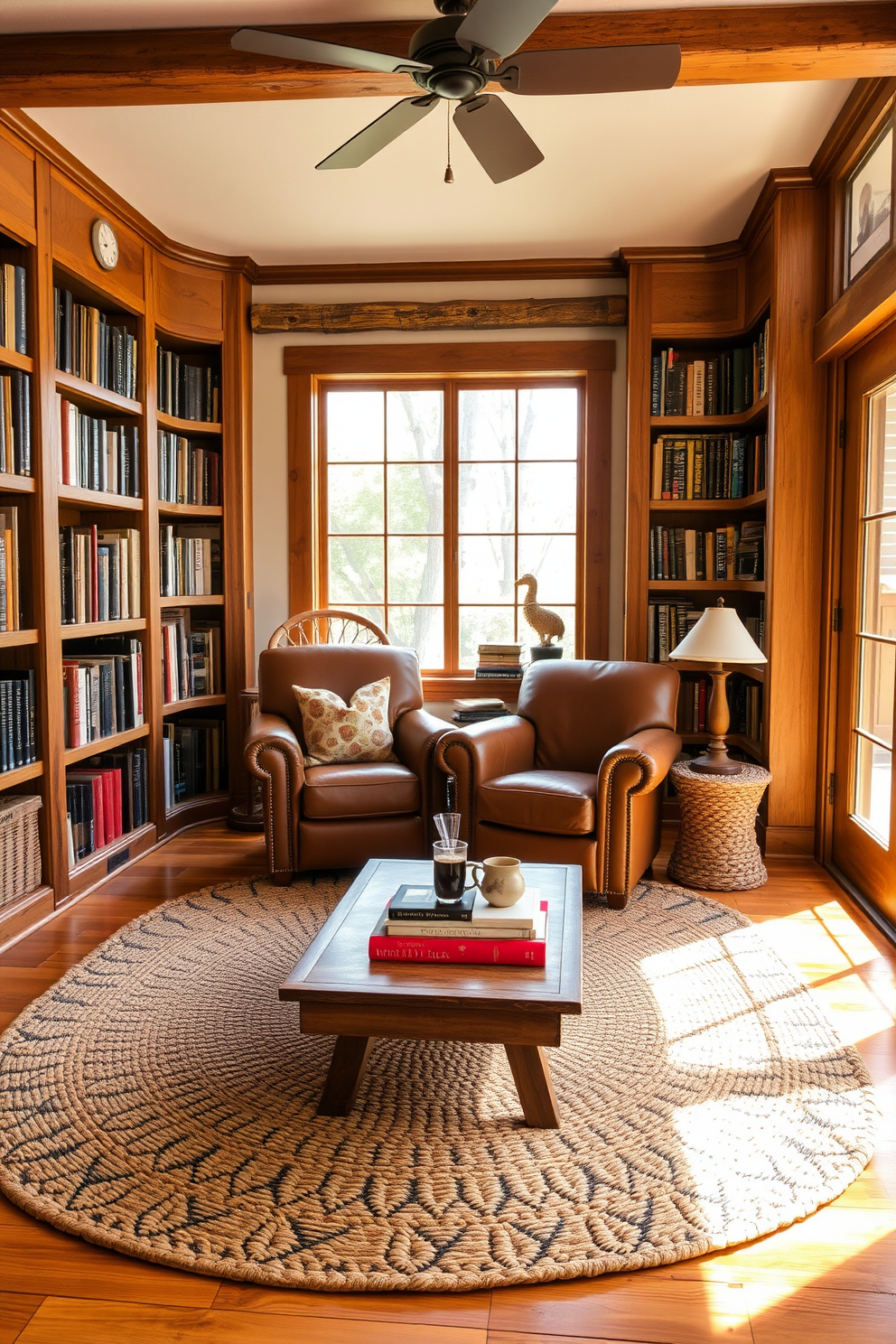 A rustic wooden ladder leans against a textured wall, adorned with a mix of books and decorative items. Soft, warm lighting highlights the rich tones of the wood, creating an inviting atmosphere. In the corner of the room, a cozy reading nook features a vintage armchair and a small side table. Shelves filled with well-loved books surround the space, enhancing the charm of the rustic home library.