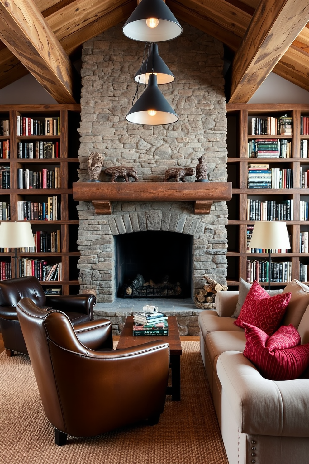 A cozy home library features exposed wooden beams that enhance the rustic charm of the space. A large stone fireplace serves as the focal point, surrounded by built-in bookshelves filled with a curated selection of books. Plush armchairs in earthy tones are arranged around a reclaimed wood coffee table. Soft lighting from vintage-style lamps creates a warm and inviting atmosphere perfect for reading and relaxation.