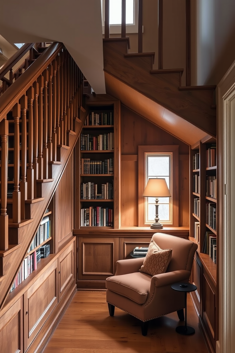 A cozy rustic home library is nestled beneath a staircase, featuring built-in wooden bookshelves that extend from floor to ceiling. A comfortable reading nook is created with a plush armchair and a small side table, inviting relaxation in a warm atmosphere.