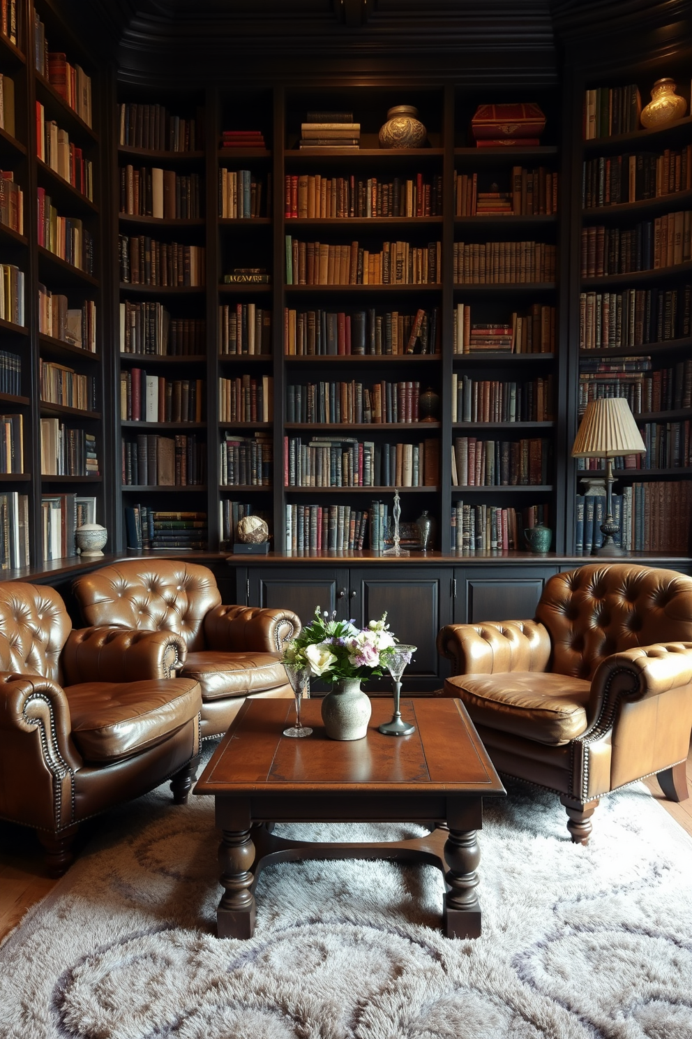 Vintage leather armchairs are arranged around a wooden coffee table in a cozy nook. The walls are lined with dark wooden bookshelves filled with an eclectic collection of books and decorative items. Soft, warm lighting illuminates the space, creating an inviting atmosphere. A plush area rug lies underfoot, adding texture and warmth to the rustic home library.