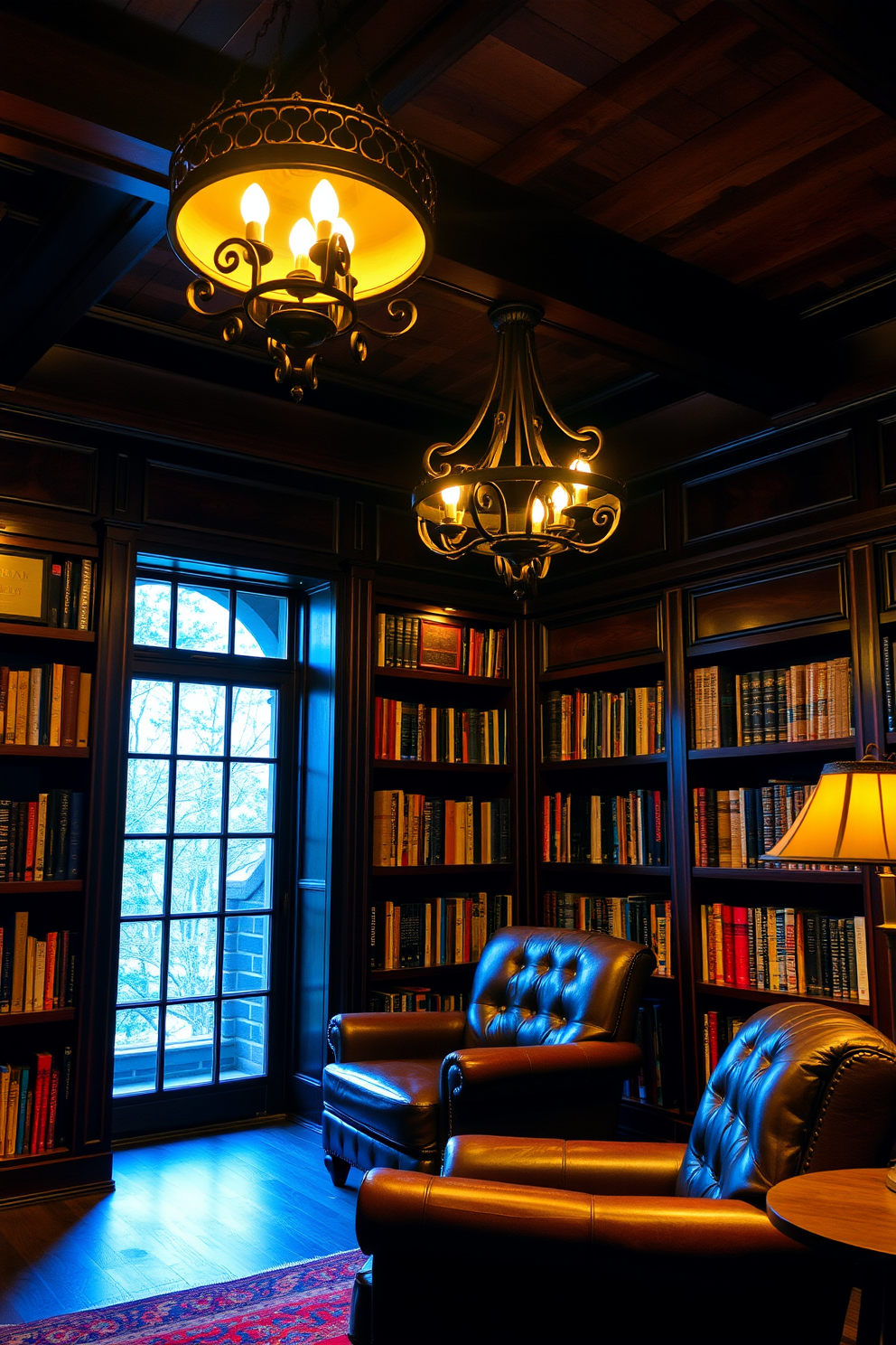 A cozy home library featuring warm lighting that creates an inviting atmosphere. Wrought iron fixtures hang from the ceiling, complementing the wooden bookshelves filled with an array of books. The walls are adorned with rich, dark wood paneling that adds to the rustic charm. A comfortable leather armchair is positioned near a large window, inviting readers to relax with a good book.