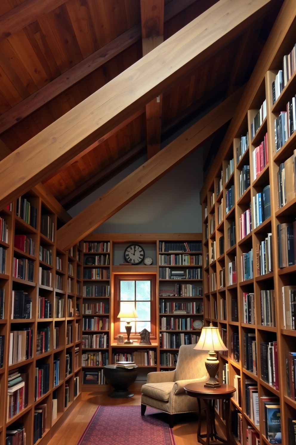 Natural wood beams stretch across the ceiling, creating a warm and inviting atmosphere. The library features floor-to-ceiling bookshelves made of reclaimed wood, filled with an array of books and decorative items. A cozy reading nook is nestled in one corner, complete with a plush armchair and a small side table. Soft, ambient lighting from vintage-style lamps enhances the rustic charm of the space.