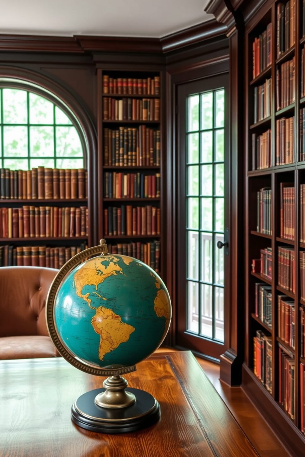 Antique globe as decorative accent in a cozy rustic home library. The library features dark wooden bookshelves filled with leather-bound books and a large window that allows natural light to fill the space.