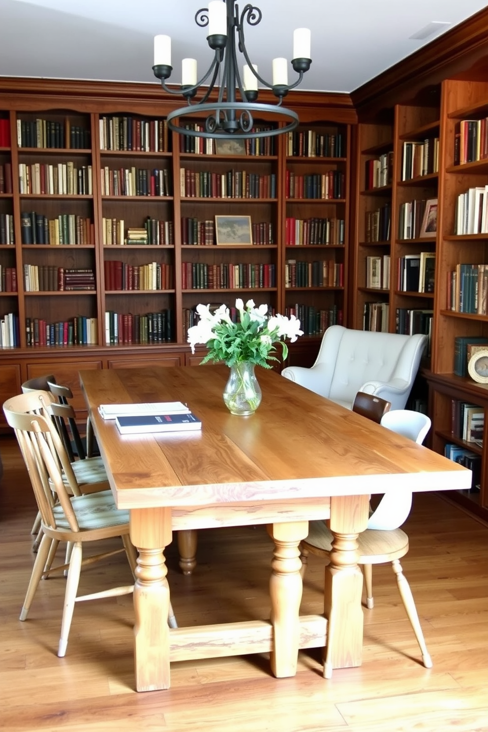 A cozy rustic home library features a large antique trunk positioned in the center of the room, serving as both a stylish storage solution and a unique focal point. Surrounding the trunk are wooden bookshelves filled with an eclectic mix of books, complemented by a comfortable armchair draped with a warm throw blanket.