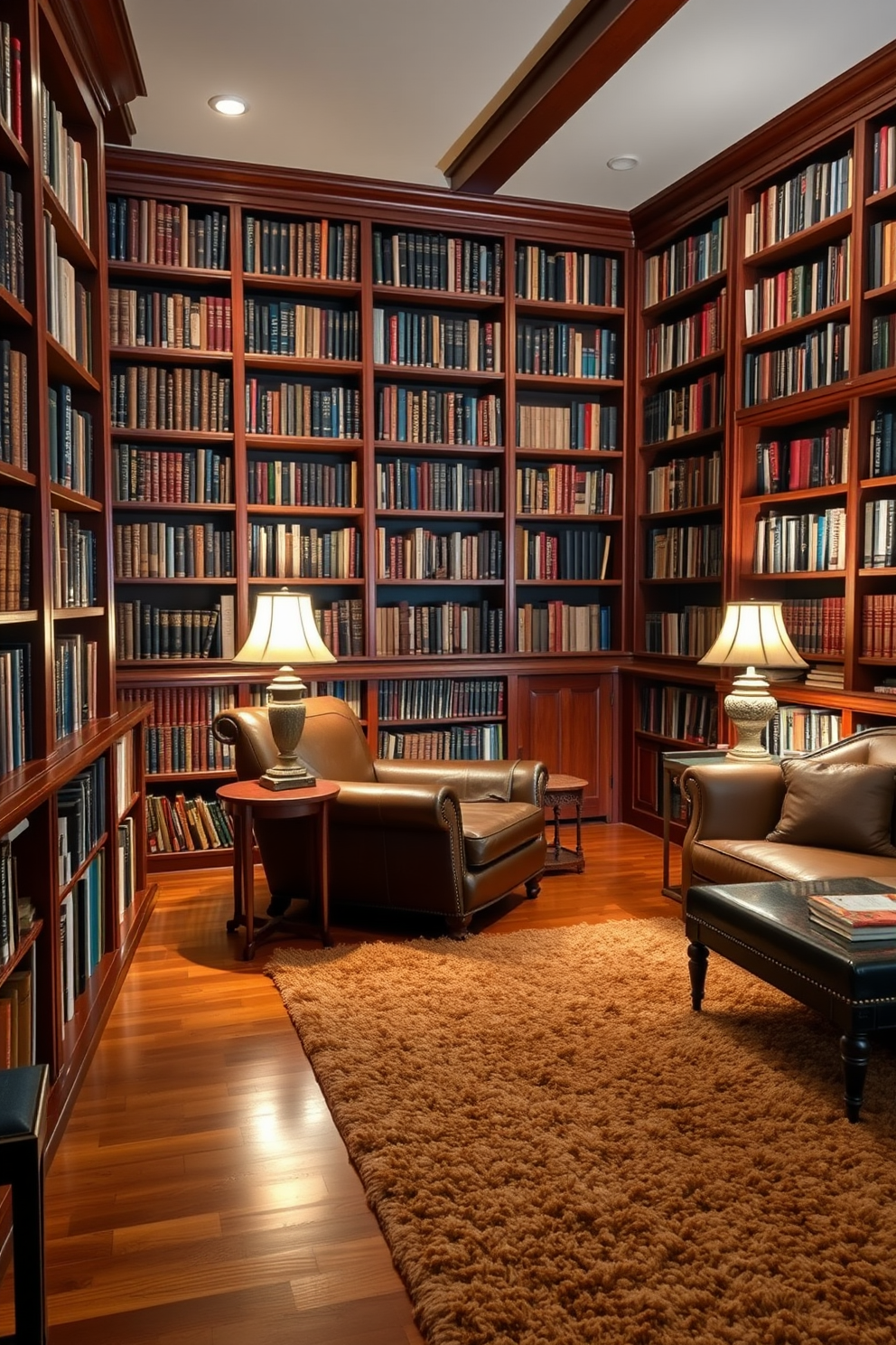 A cozy home library featuring wall-mounted bookshelves supported by rustic brackets. The shelves are filled with an array of books and decorative items, creating a warm and inviting atmosphere.