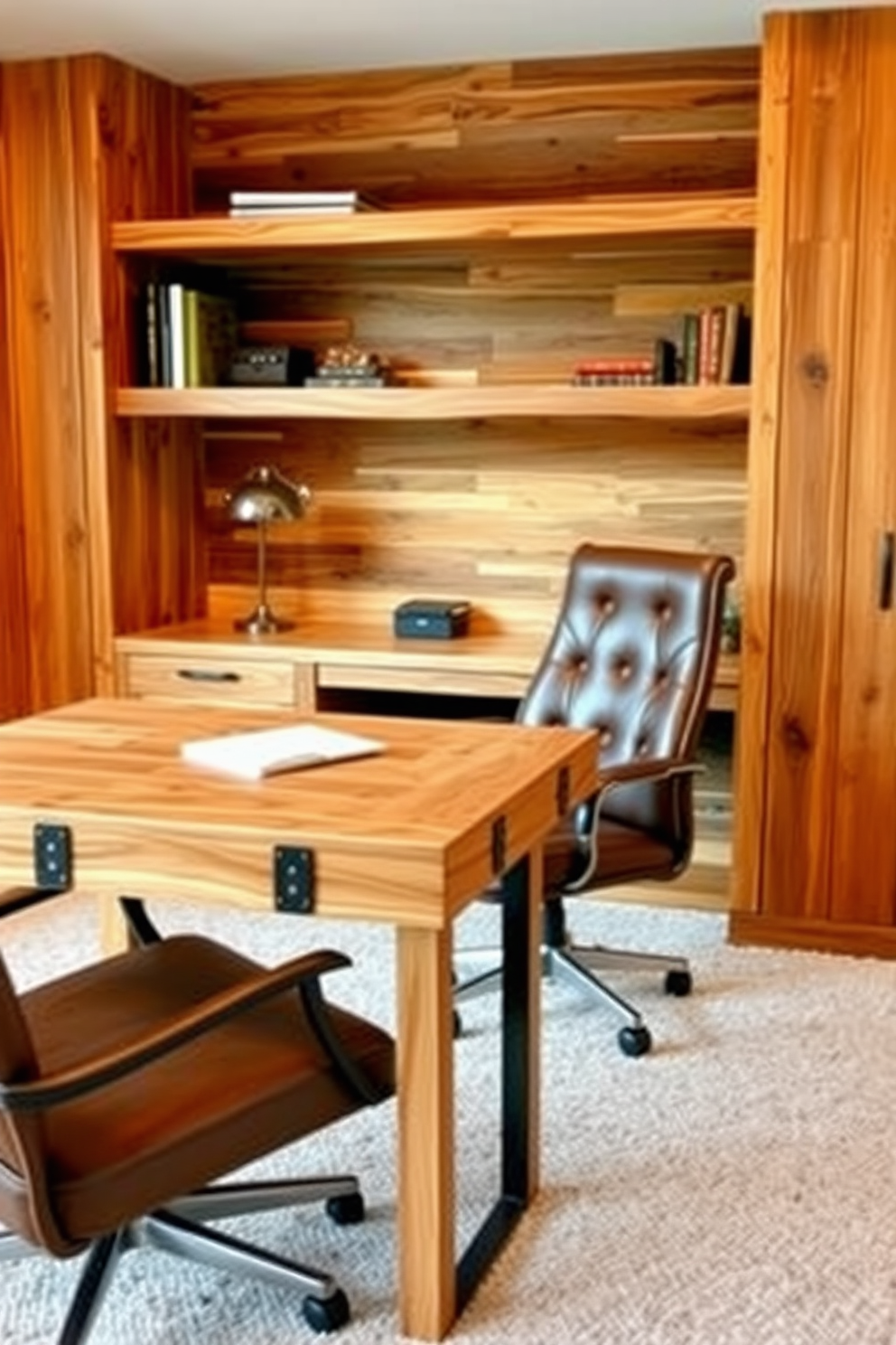 A cozy home office featuring wooden beams that span the ceiling and exposed brick walls that add character to the space. A large wooden desk sits in the center, accompanied by a comfortable leather chair and a bookshelf filled with books and decorative items.