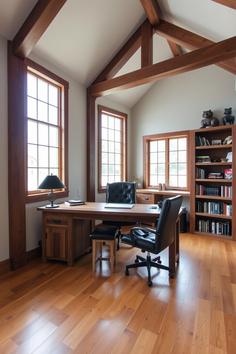 A rustic home office features open beams that enhance the spacious atmosphere of the room. The wooden desk, made from reclaimed timber, is paired with a comfortable leather chair, creating an inviting workspace. Natural light floods the area through large windows, illuminating the warm tones of the wooden flooring. Shelves made from rustic wood display books and decorative items, adding personality to the space.