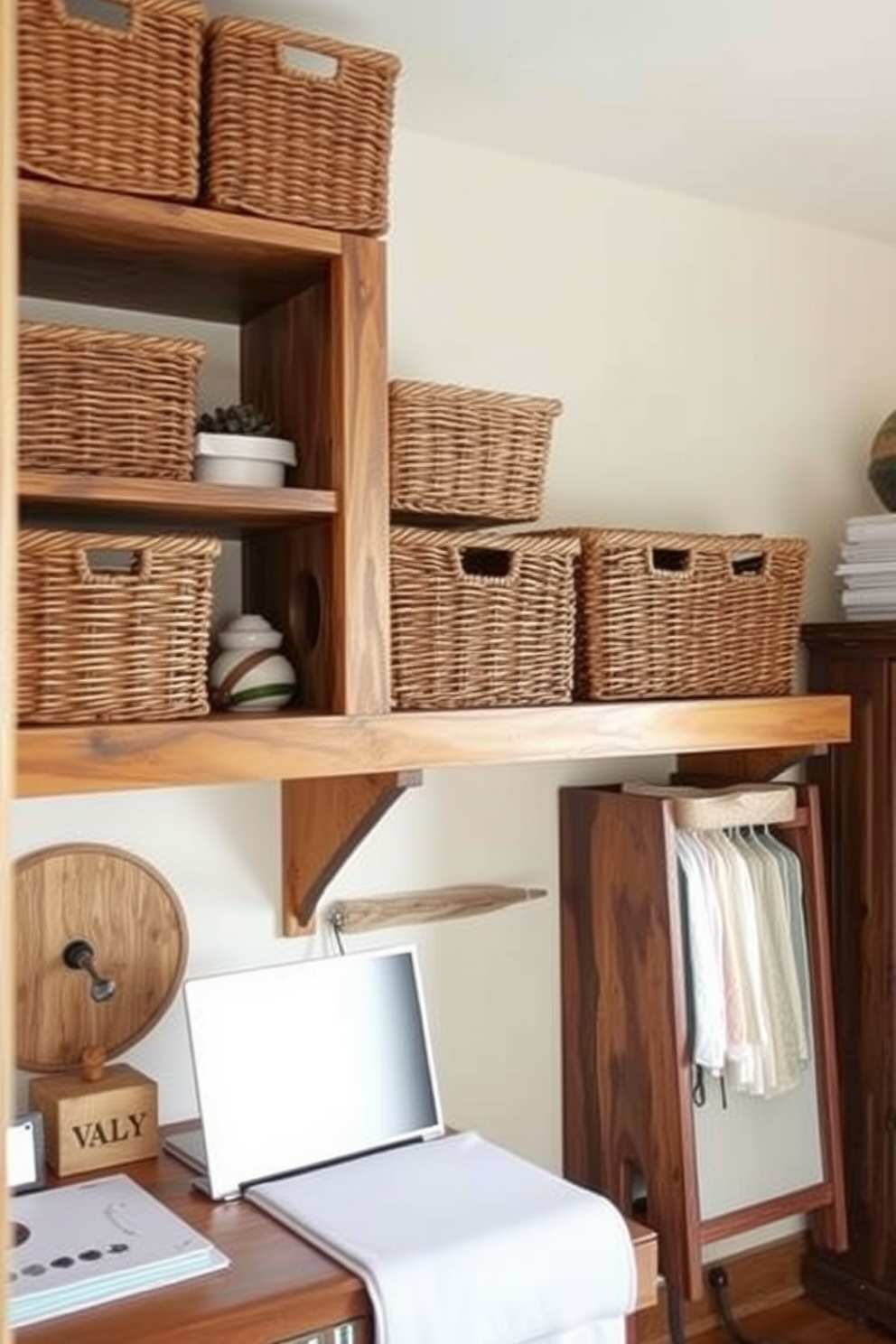 A cozy rustic home office features woven baskets neatly arranged on sturdy wooden shelves. The warm tones of reclaimed wood furniture complement the natural textures, creating an inviting workspace.